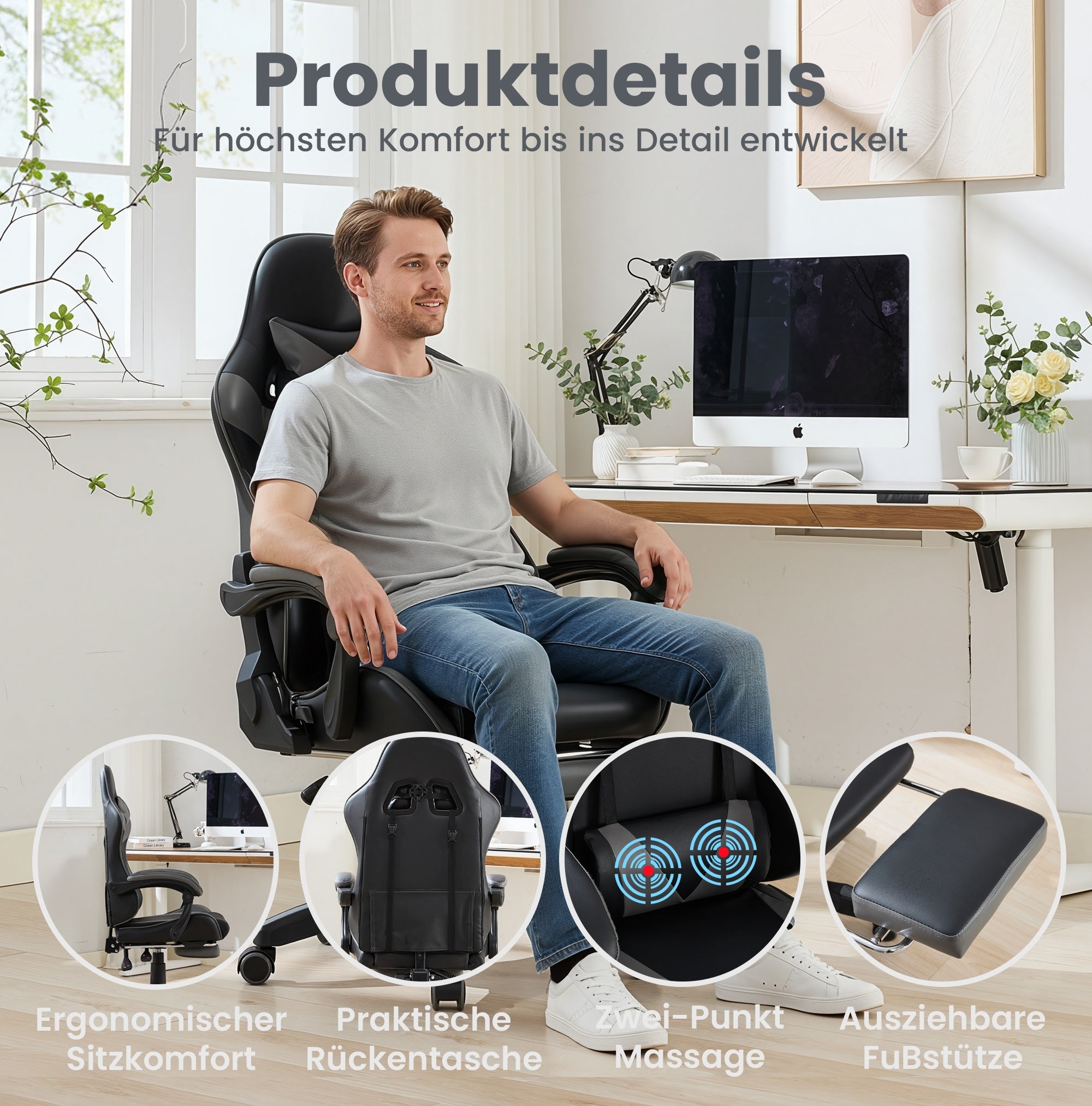 Gaming Chair - 360° Swivel Ergonomic High-Back with Footrest, Headrest & Lumbar Support - Black & Grey Leather