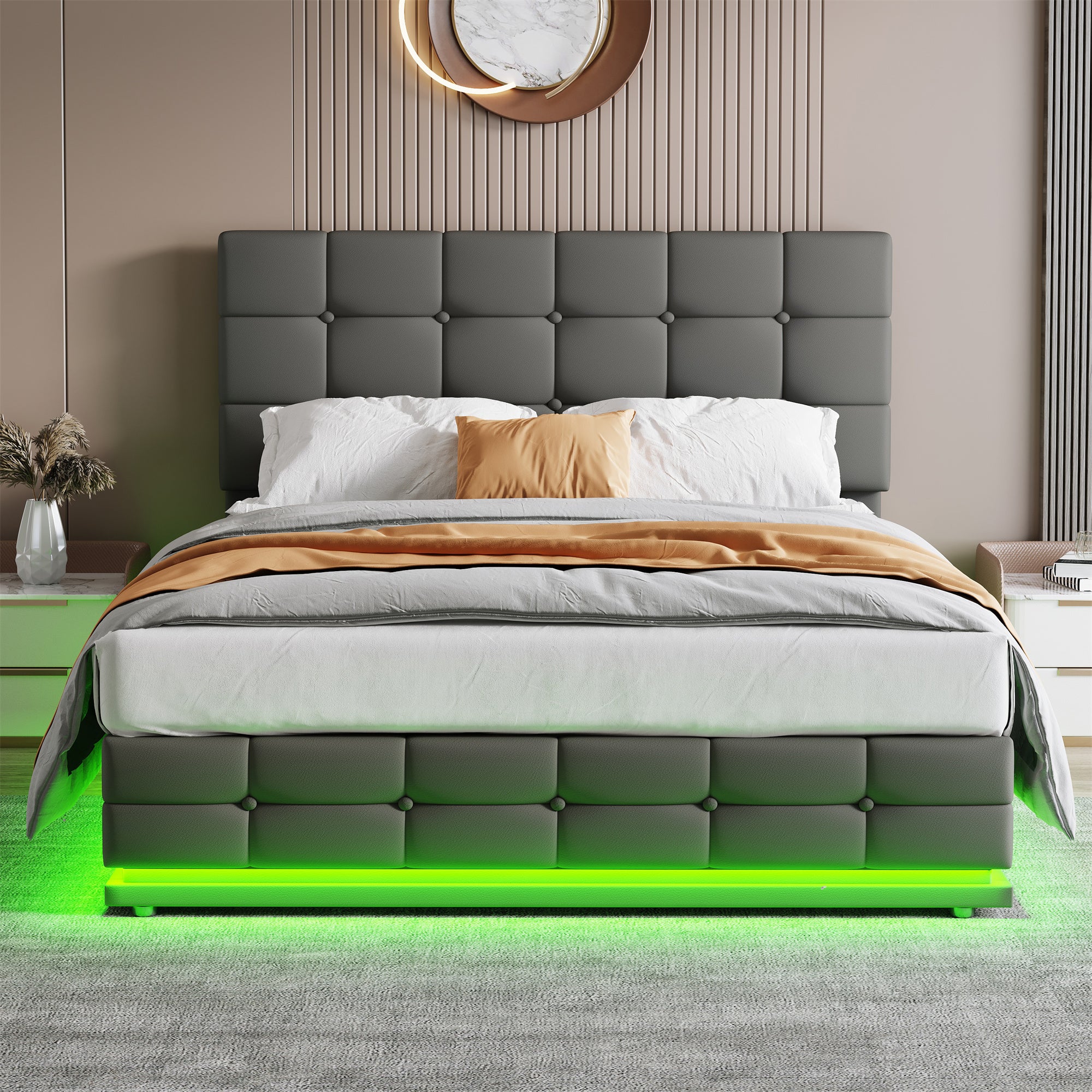 Ottoman Double Bed with LED Lighting, Hydraulic Storage, Adjustable Headboard, Grey PU Leather
