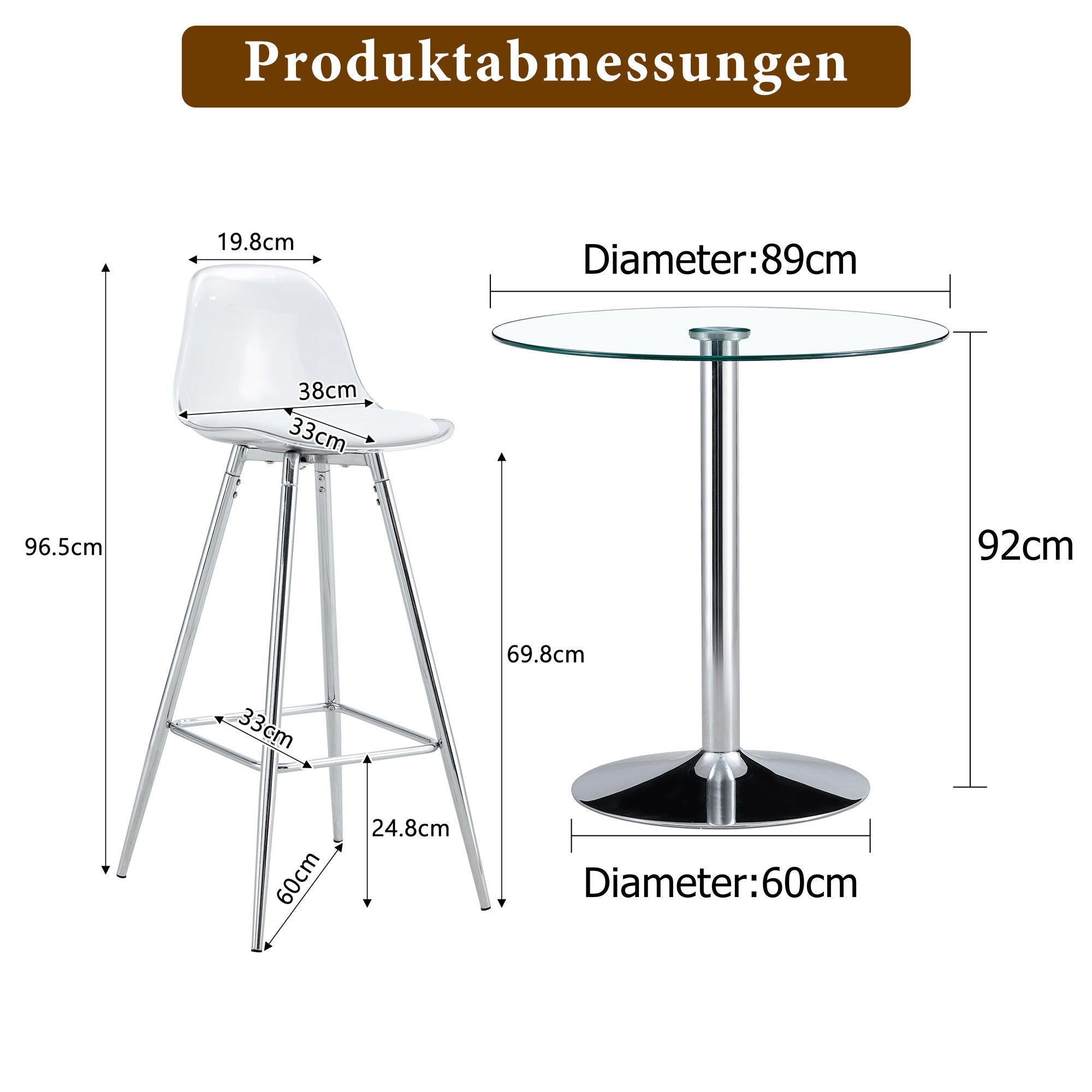 Flexible Bar Set, Round Table 89 cm, 2 Stools, Glass & Silver