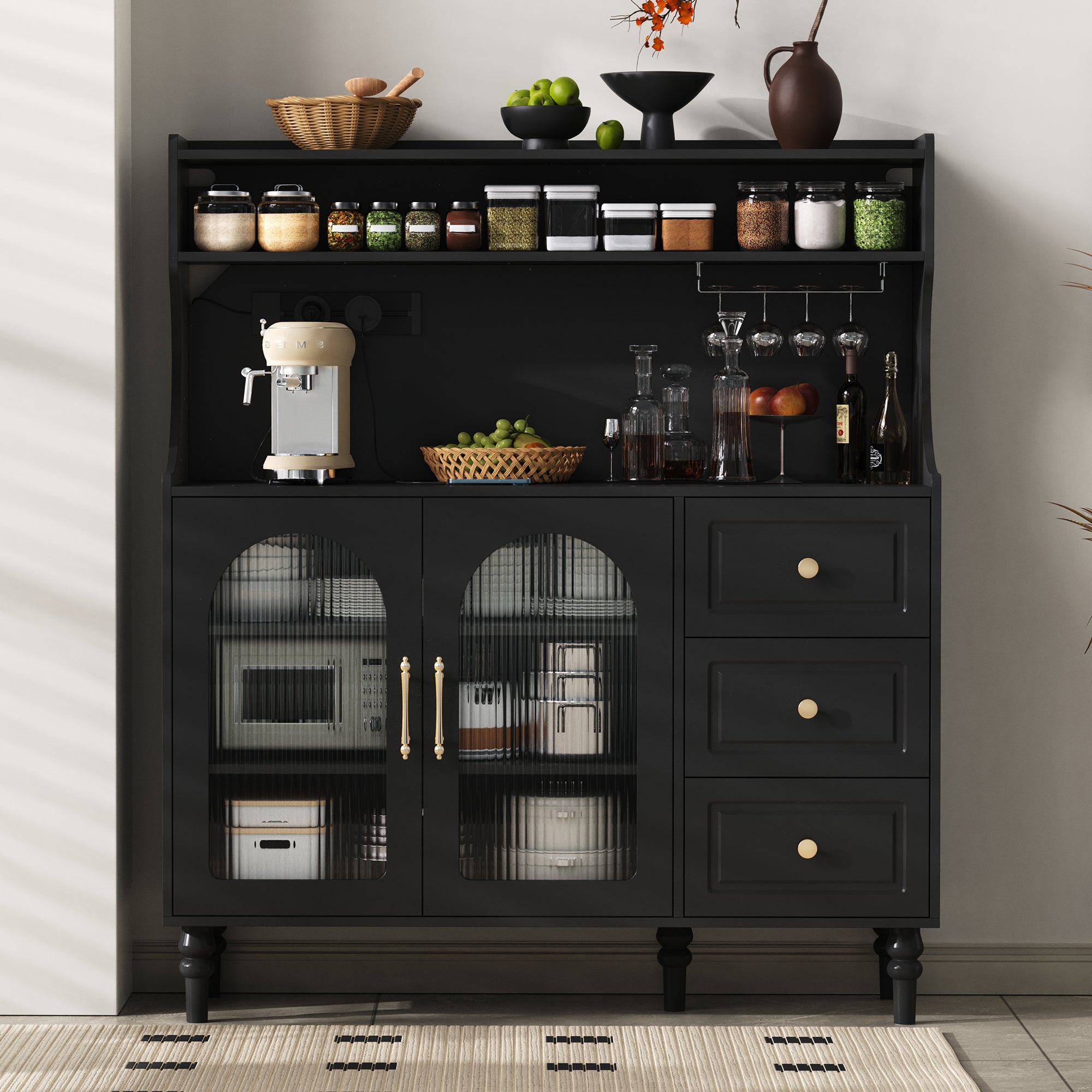 Tall Cabinet Bar Storage with Sockets, Wine Rack & Adjustable Shelves - Black