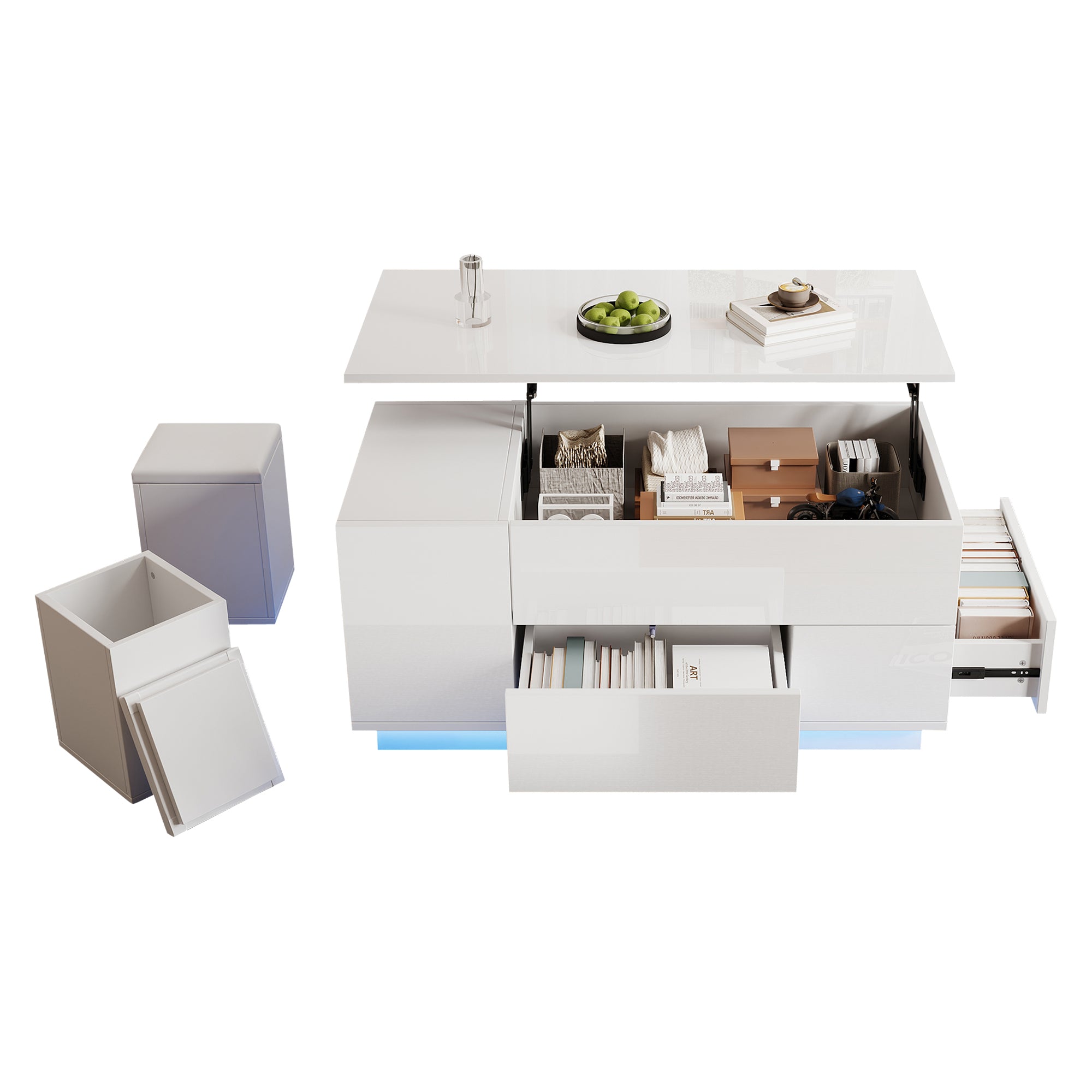 Coffee Table 4-in-1 Height-Adjustable LED 2 Drawers High-Gloss White