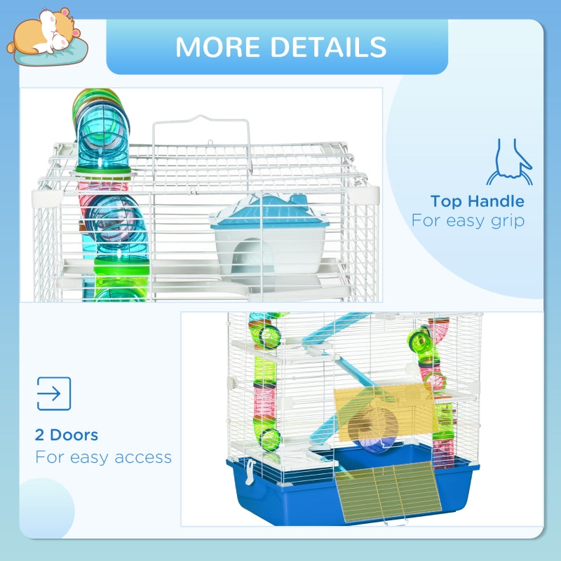 Hamster/Gerbil Cage with Tube, Water Bottle, Exercise Wheel, Food Dish - Blue
