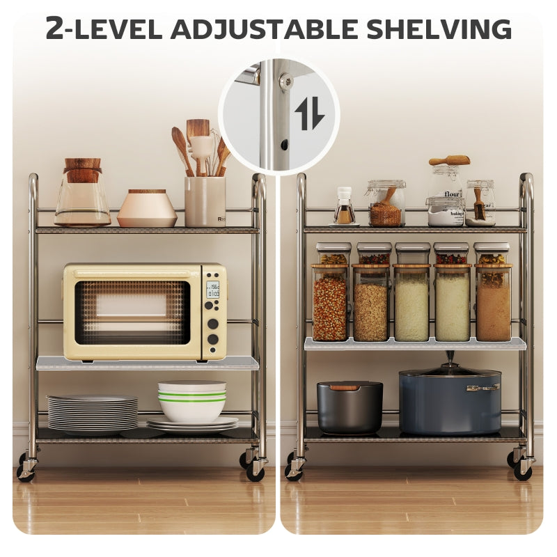 Kitchen Storage Trolley 3 Tier Adjustable Shelf Stainless Steel - Silver
