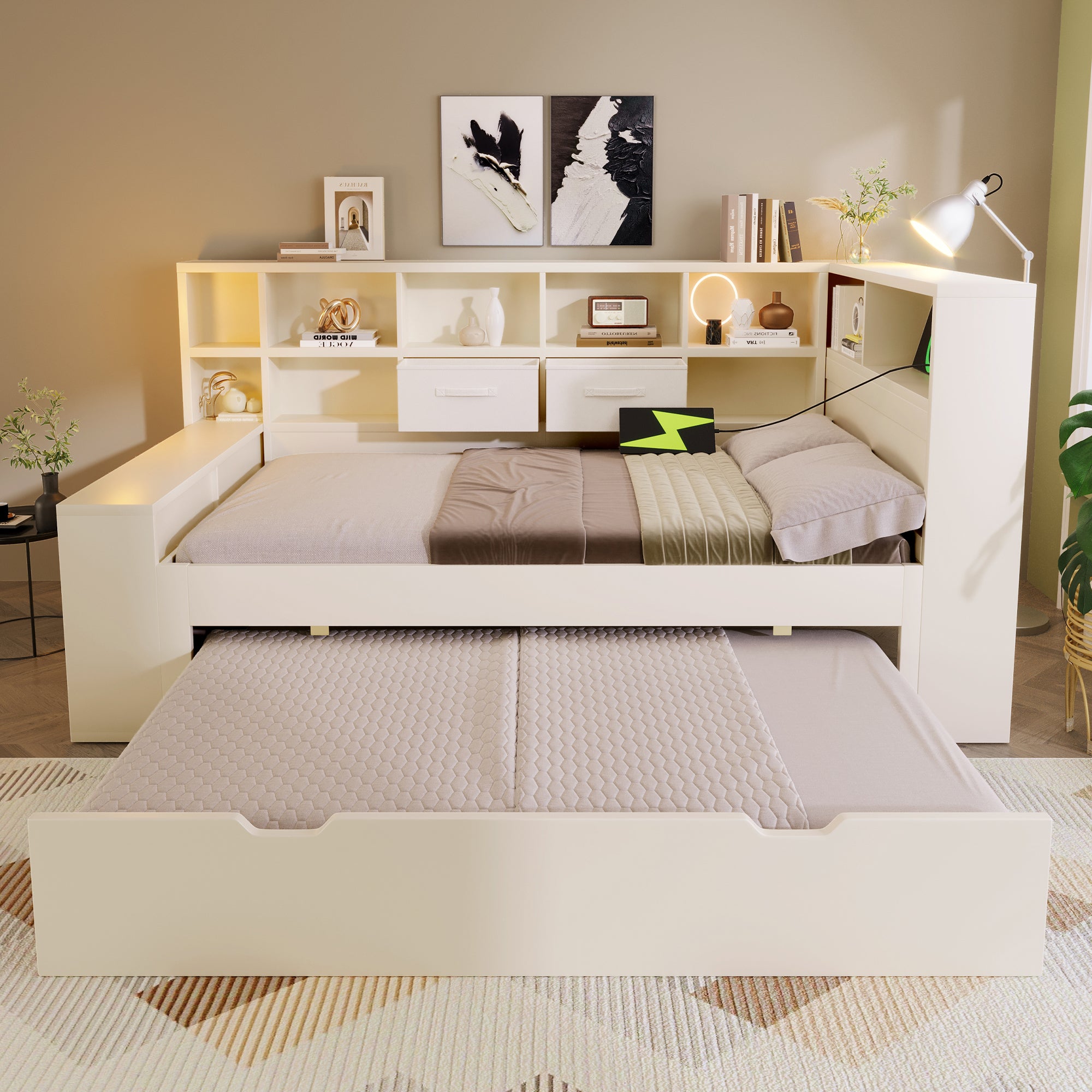 Single Bed with Pull-Out Bed, Shelves and USB Charging, White