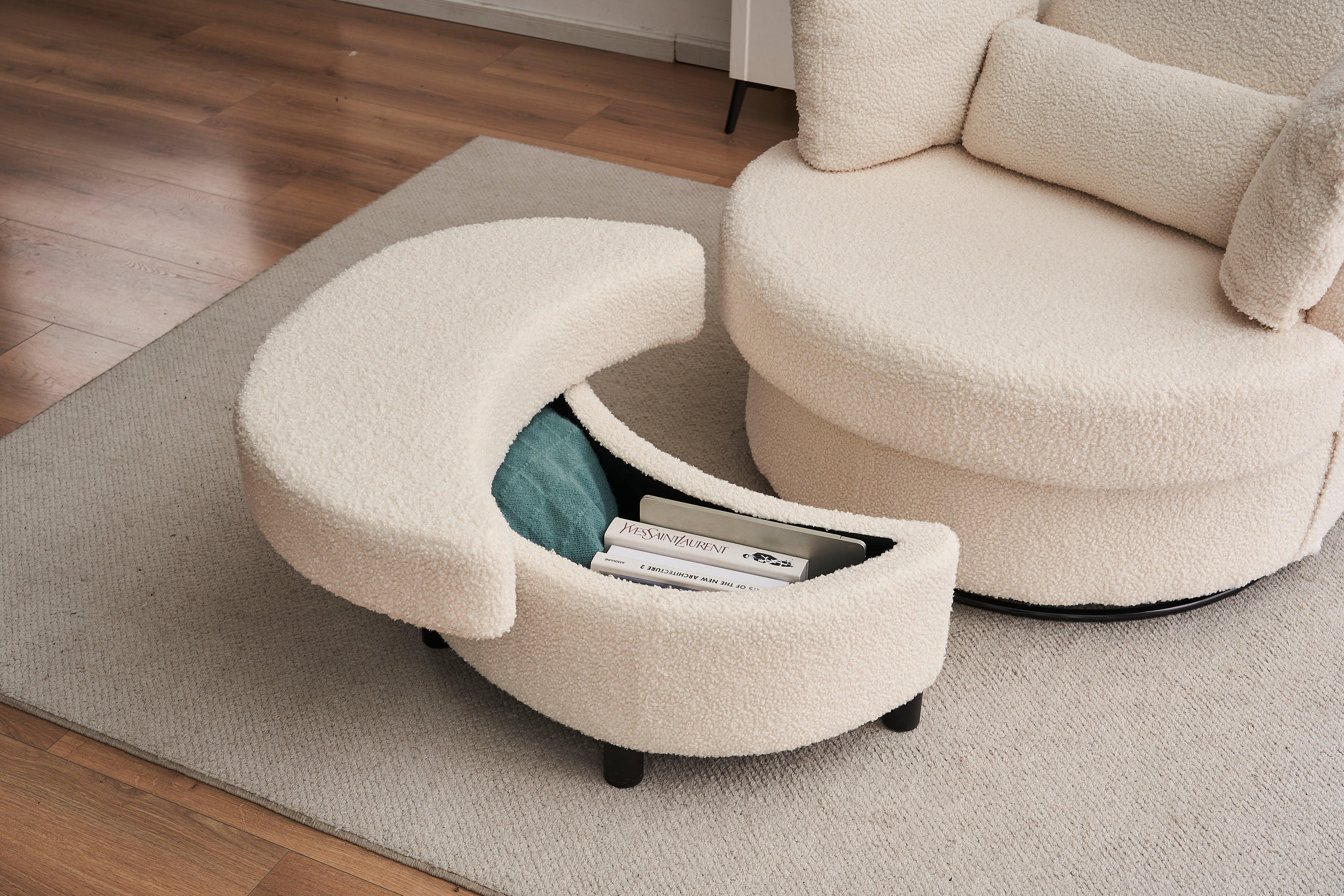 Teddy swivel armchair with 3 back cushion pillow ottoman crescent stool, White