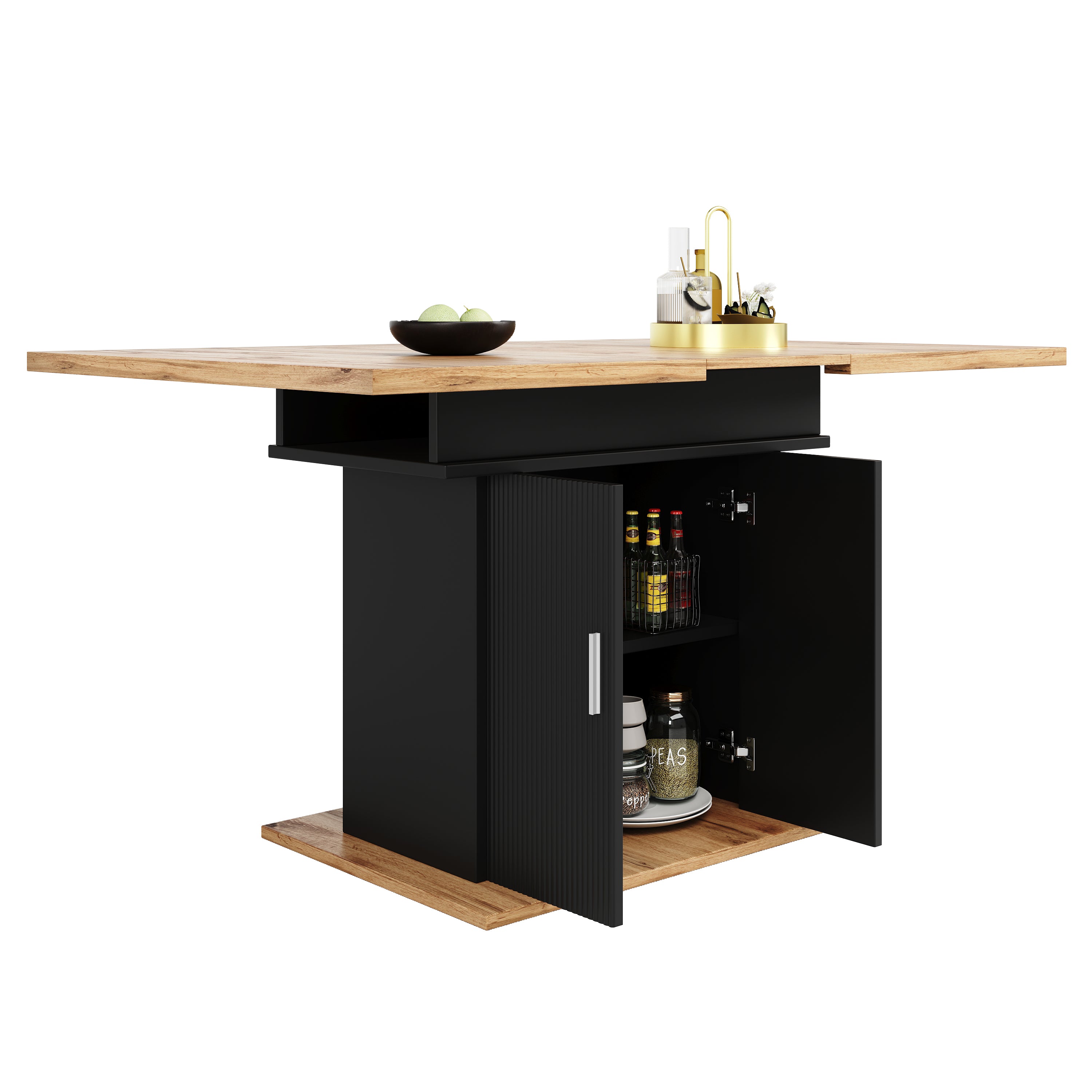 Telescopic Extendable Dining Table 140x70cm Storage Shelf - Natural/Black