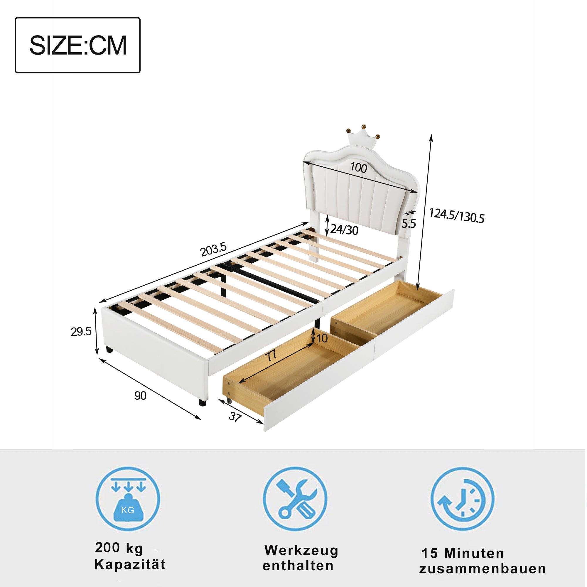 Children's Bed Upholstered Single Crown Girl's with Storage Drawers & LED Lights, White PU Leather