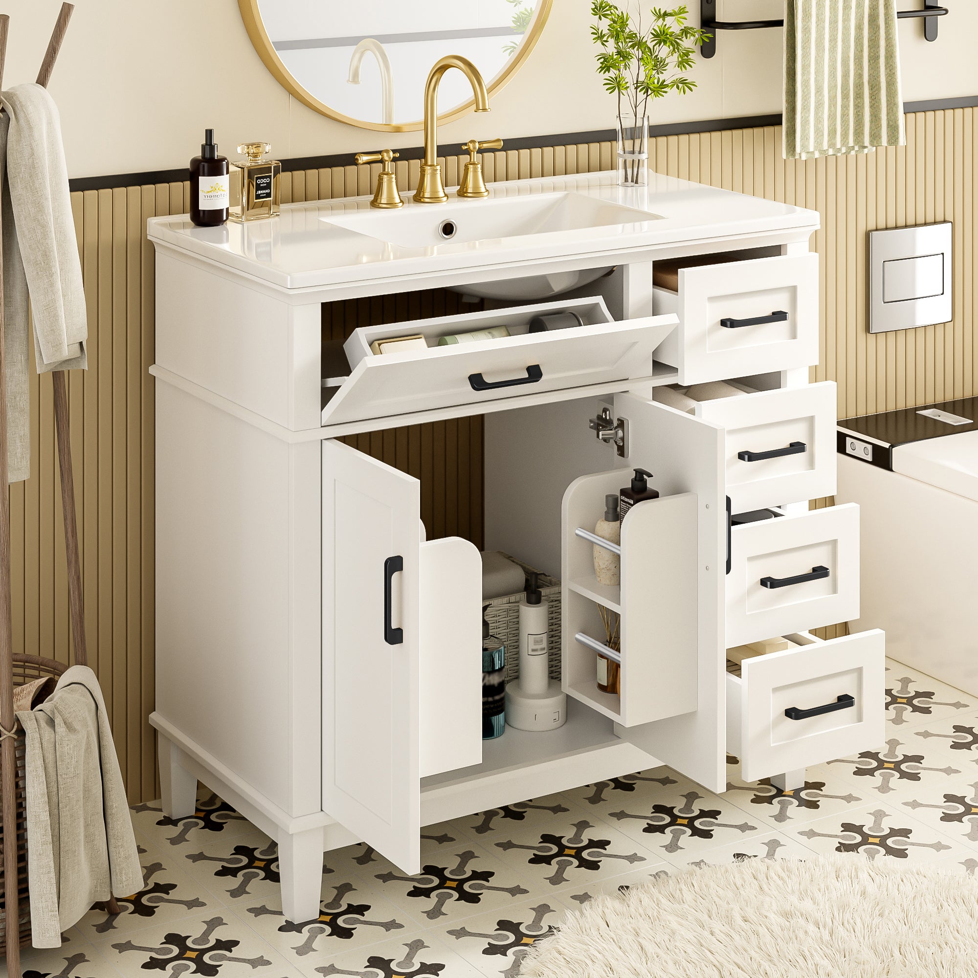 Bathroom Vanity Unit with Ceramic Sink and Soft-Close Drawers, White and Black