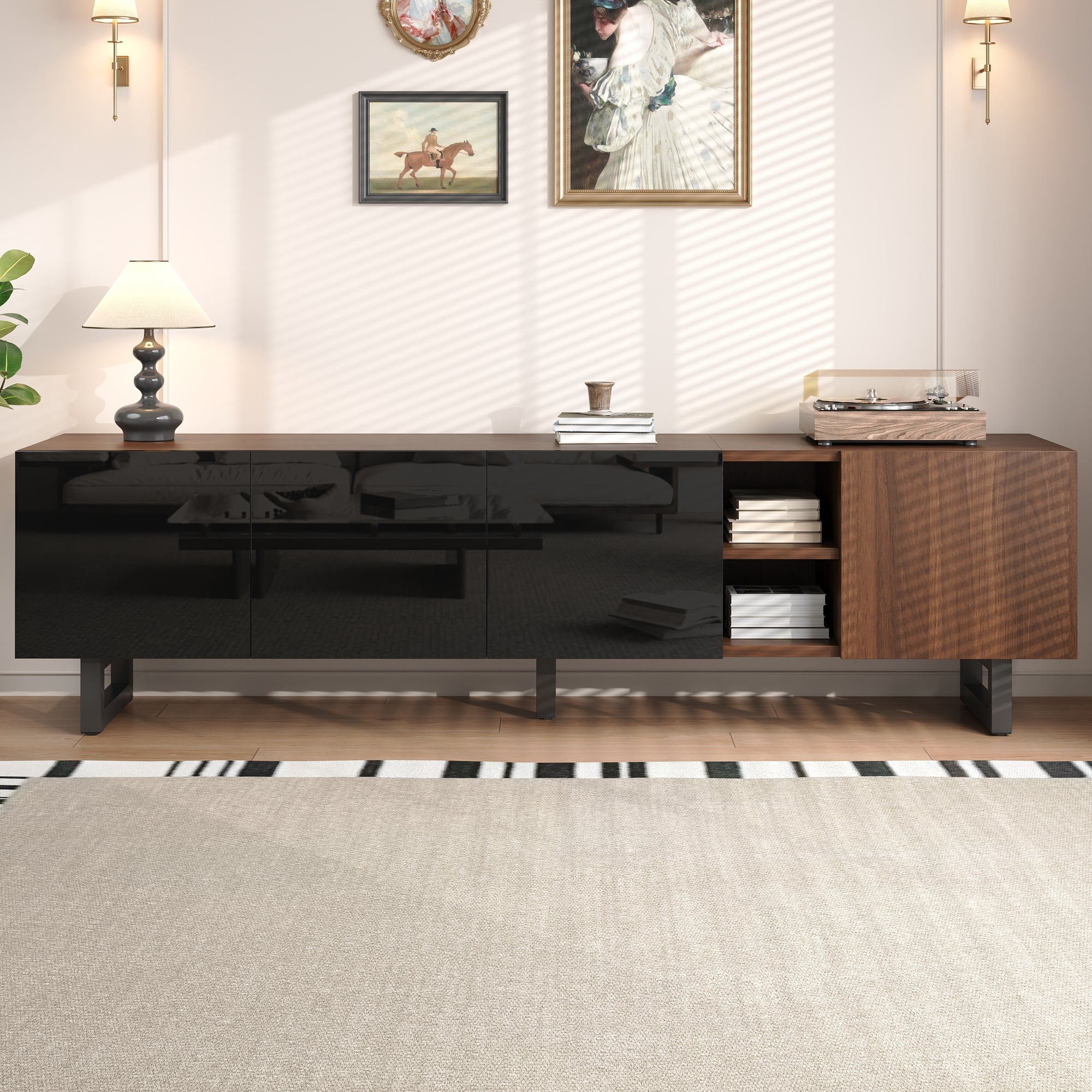 TV Cabinet with Four Doors, Low Stand, Vintage Wood Grain