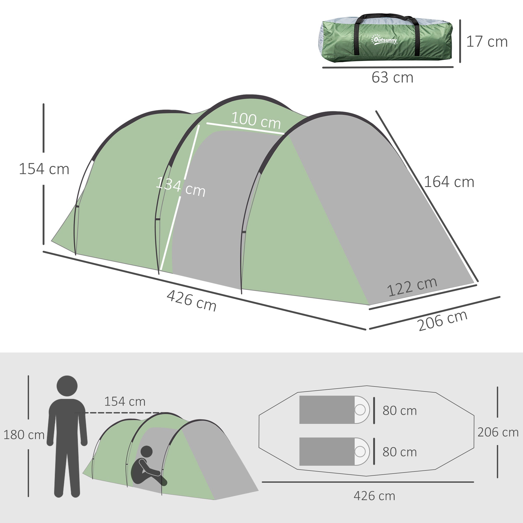 Tunnel Tent, 2-3 Persons, Camping, Dark Green