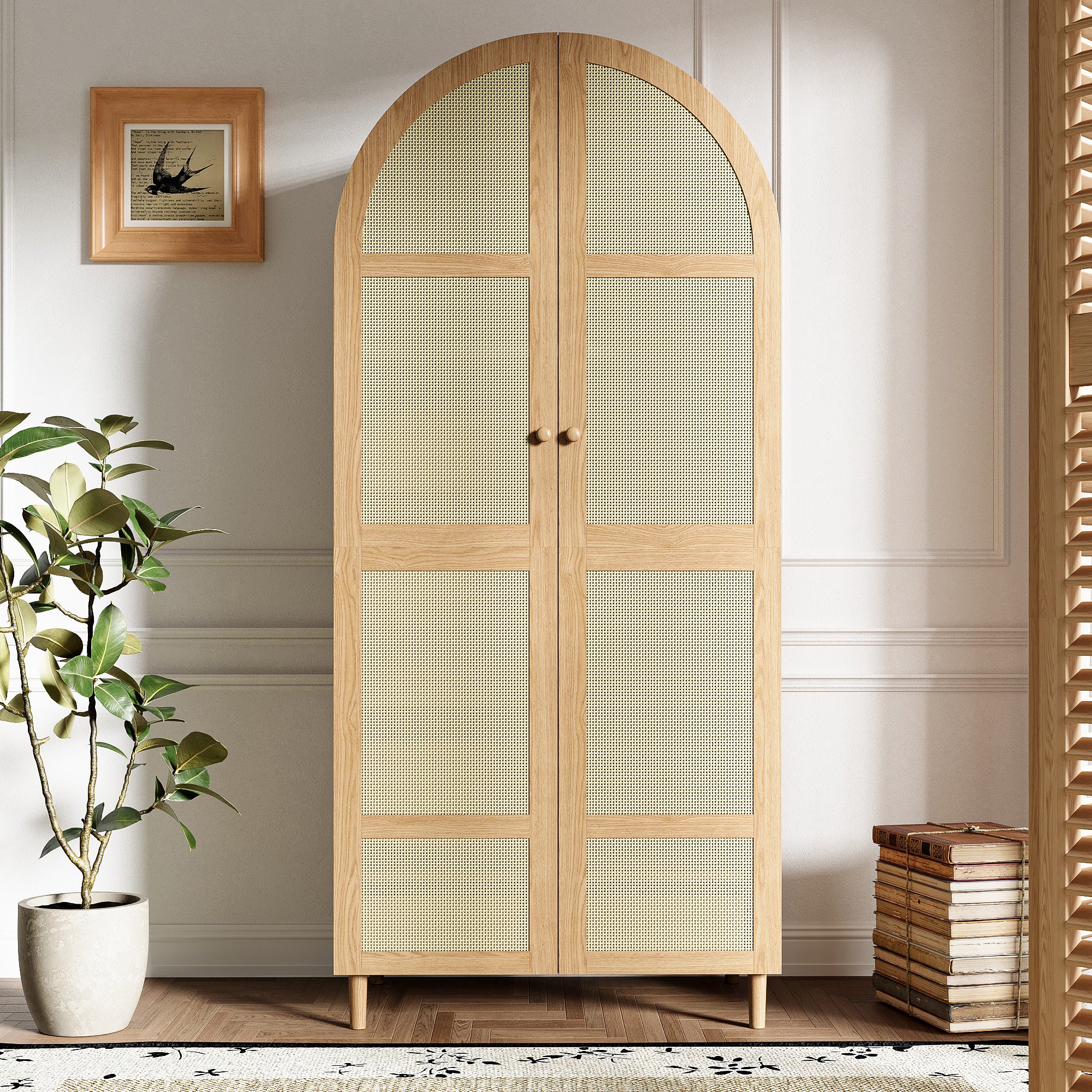 Modern Wardrobe with Curved Doors, Clothes Rail & Drawers, Natural Wood