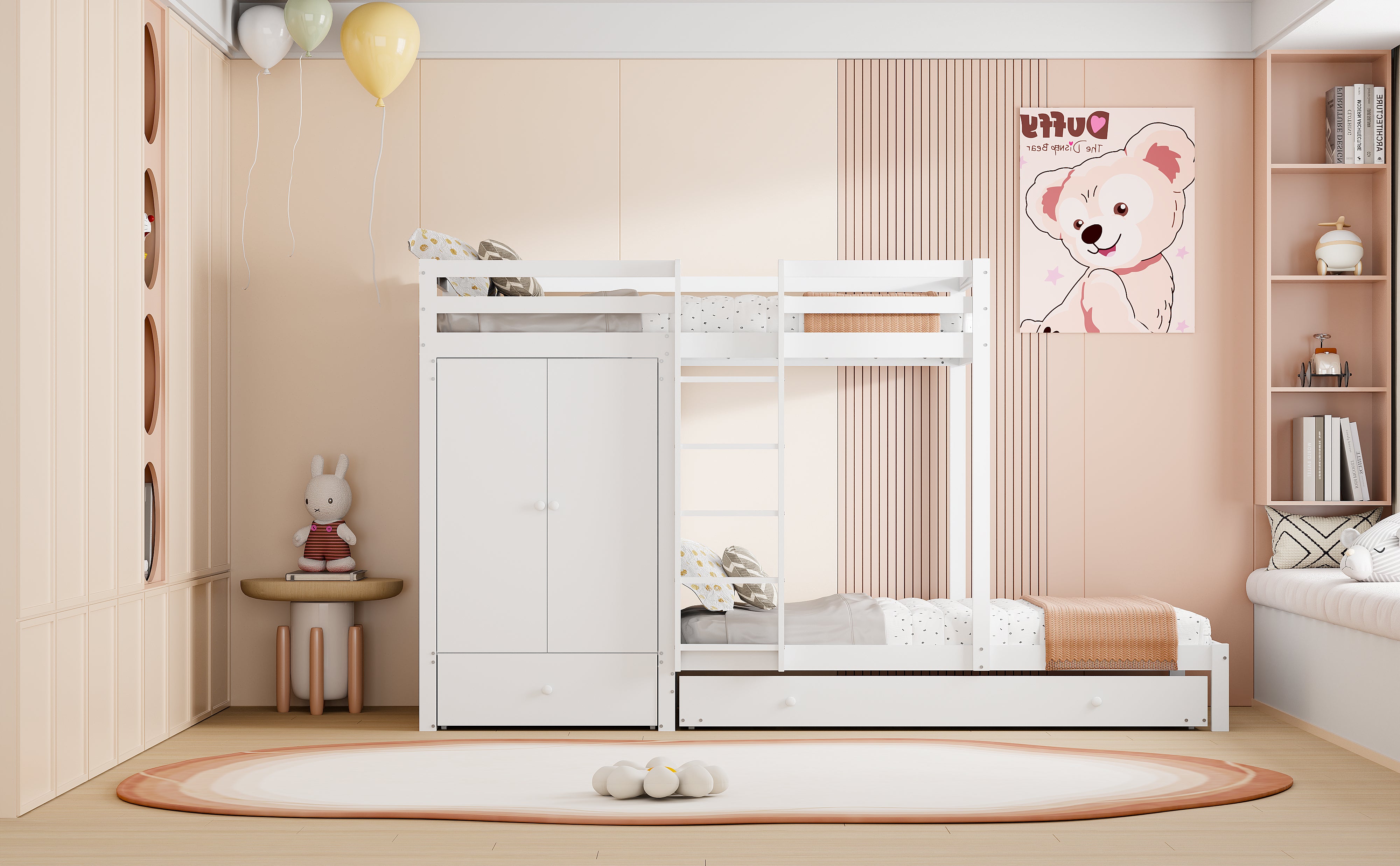 Bunk Bed 90x200 with Pull-Out Bed & Storage, Solid Wood, White