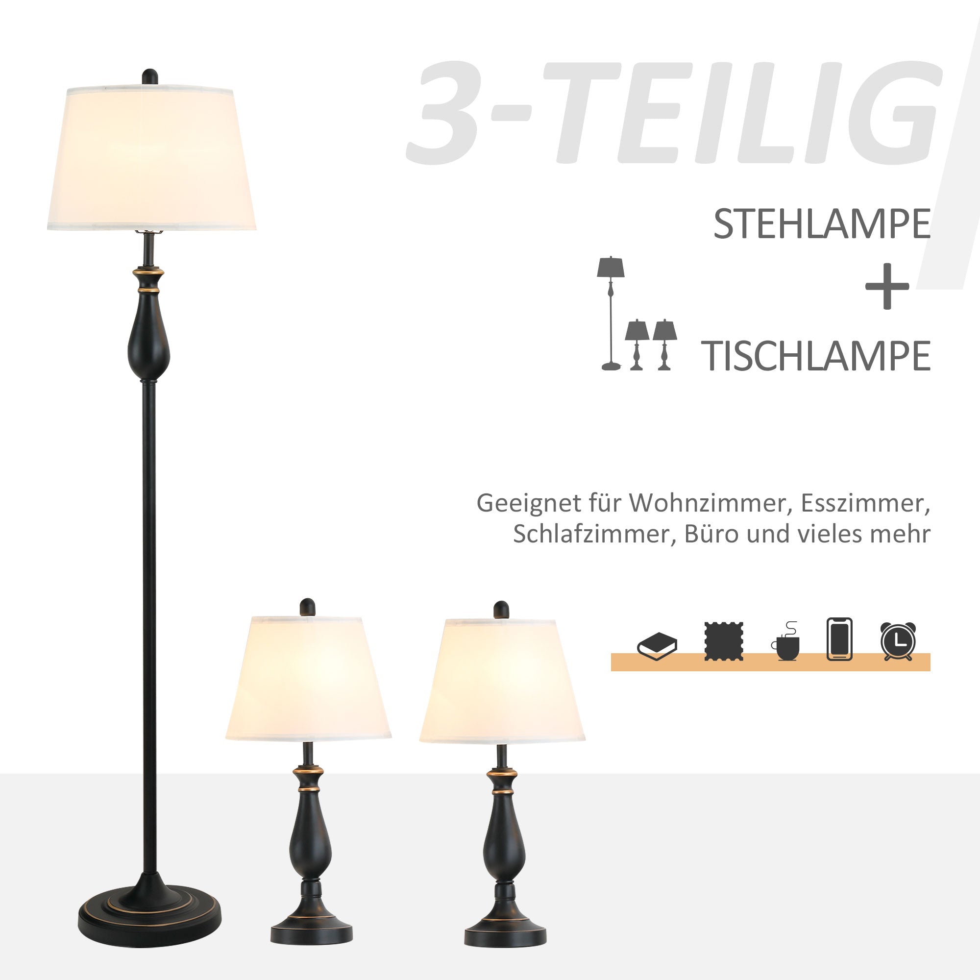 3-Piece Lamp Set, Vintage Table Floor Lamp, Metal and Cotton