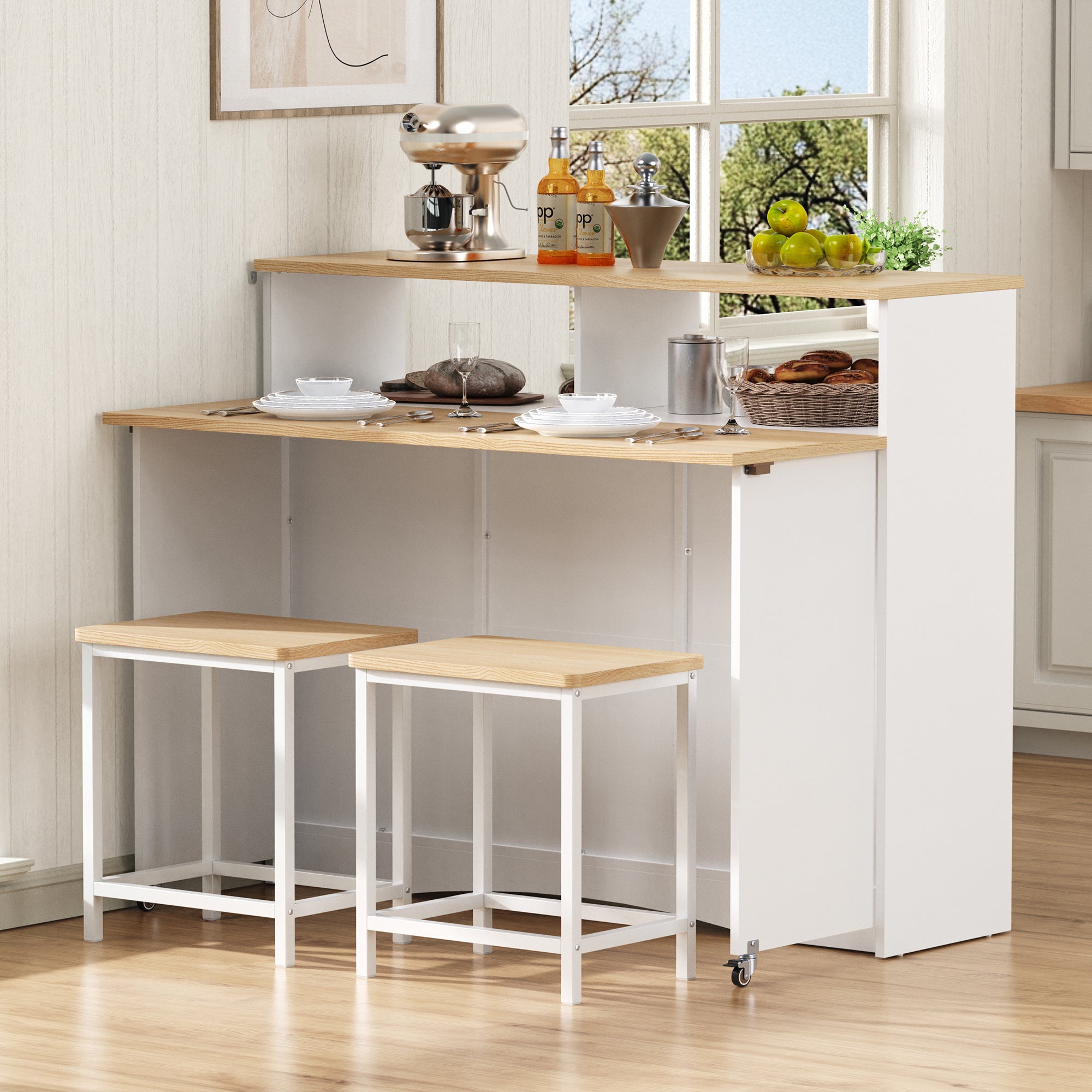 Kitchen Island on Wheels Extendable Dining Area Storage with Chairs - White