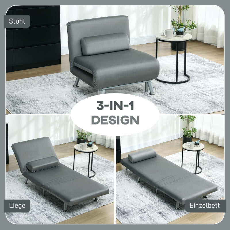 Folding Recliner Chair, Bed Function, Adjustable Backrest, Velvet, Grey