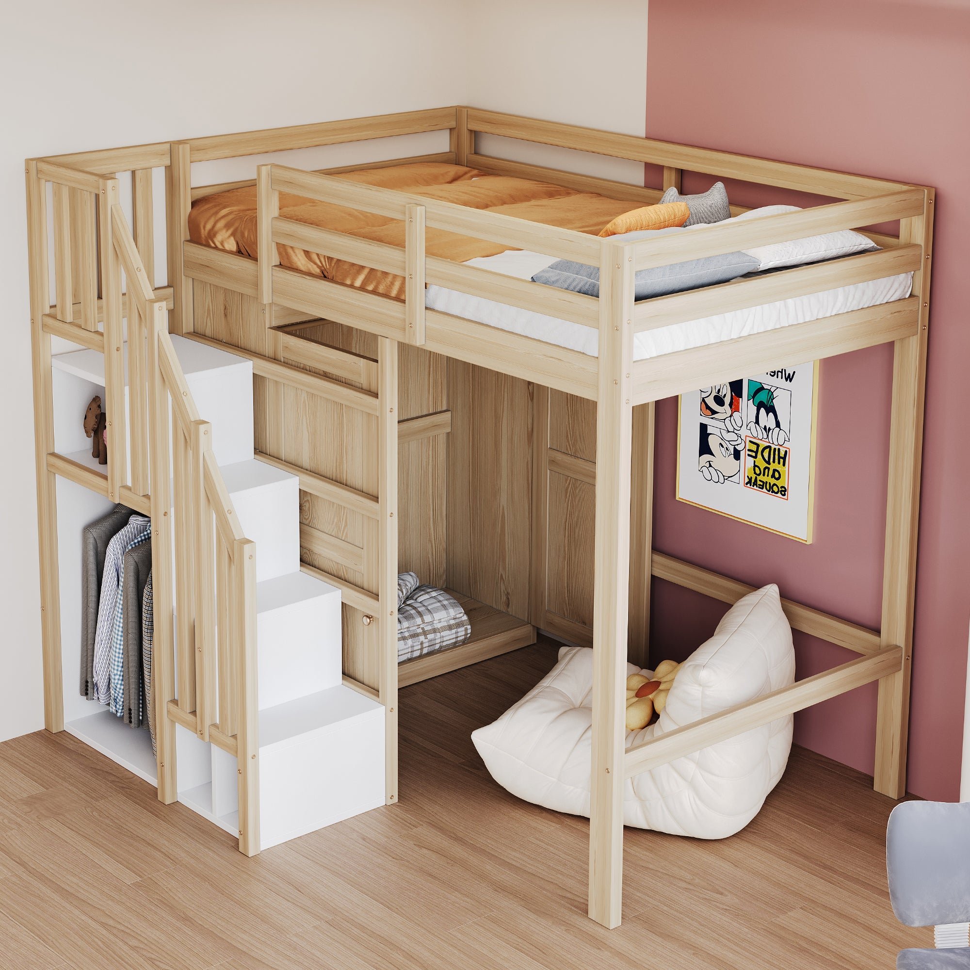 Loft Bed 90x200cm Storage Ladder Wardrobe Solid Wood - Natural Wood Color
