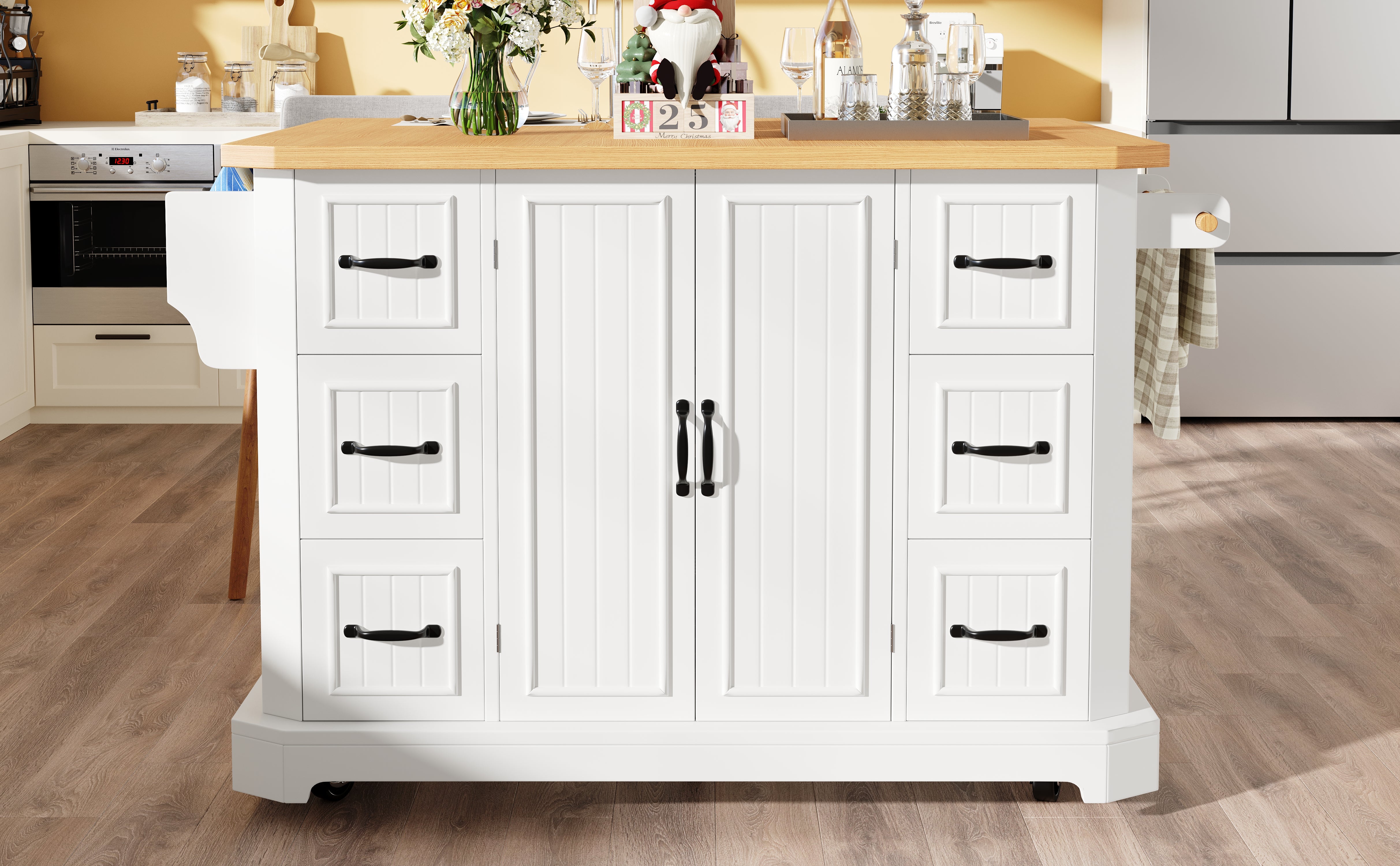 Mobile Kitchen Island with 2 Doors and 6 Drawers, White and Black
