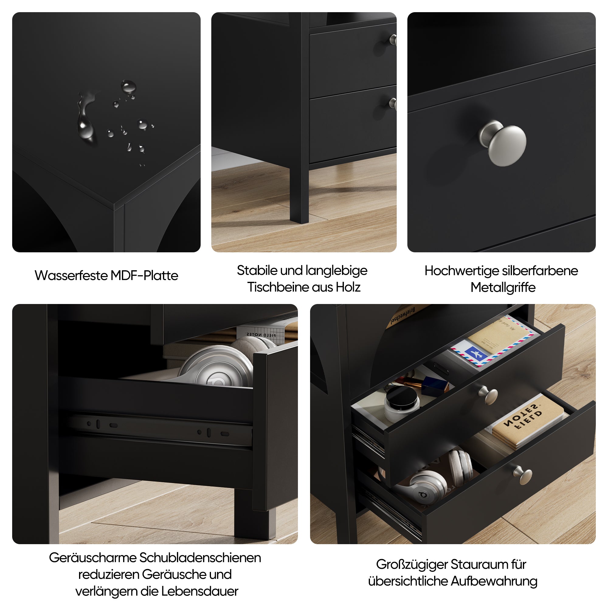 Bedside Table Modern 2 Drawers 1 Open Compartment 45x40x58cm Black