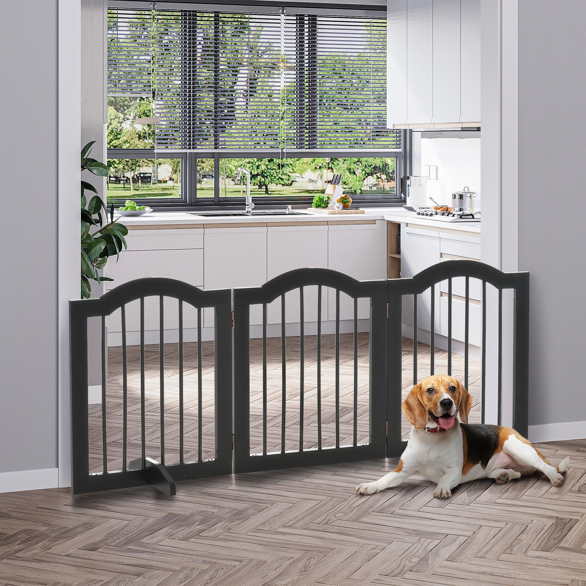 Dog Barrier, 3-Piece Foldable Gate with Support Feet, Black