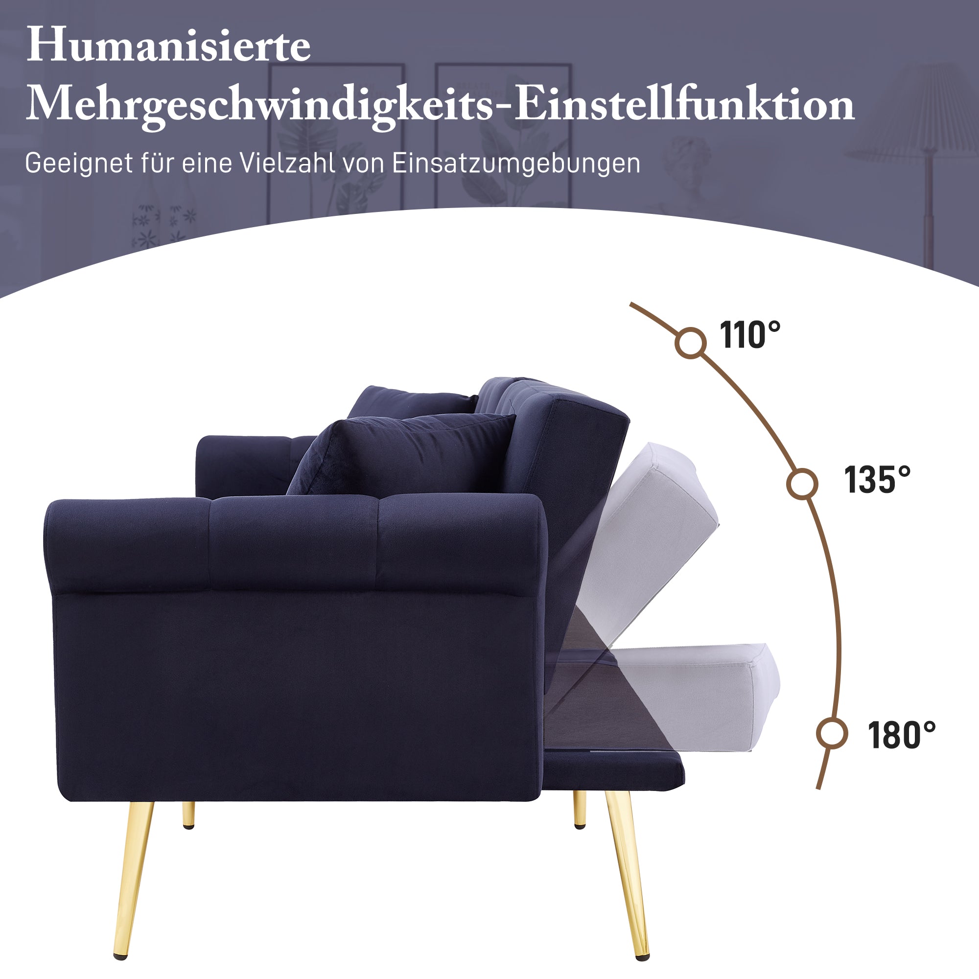 Sofa Bed, Modern 2-Seater, 3-Level Adjustable Backrest, Velvet