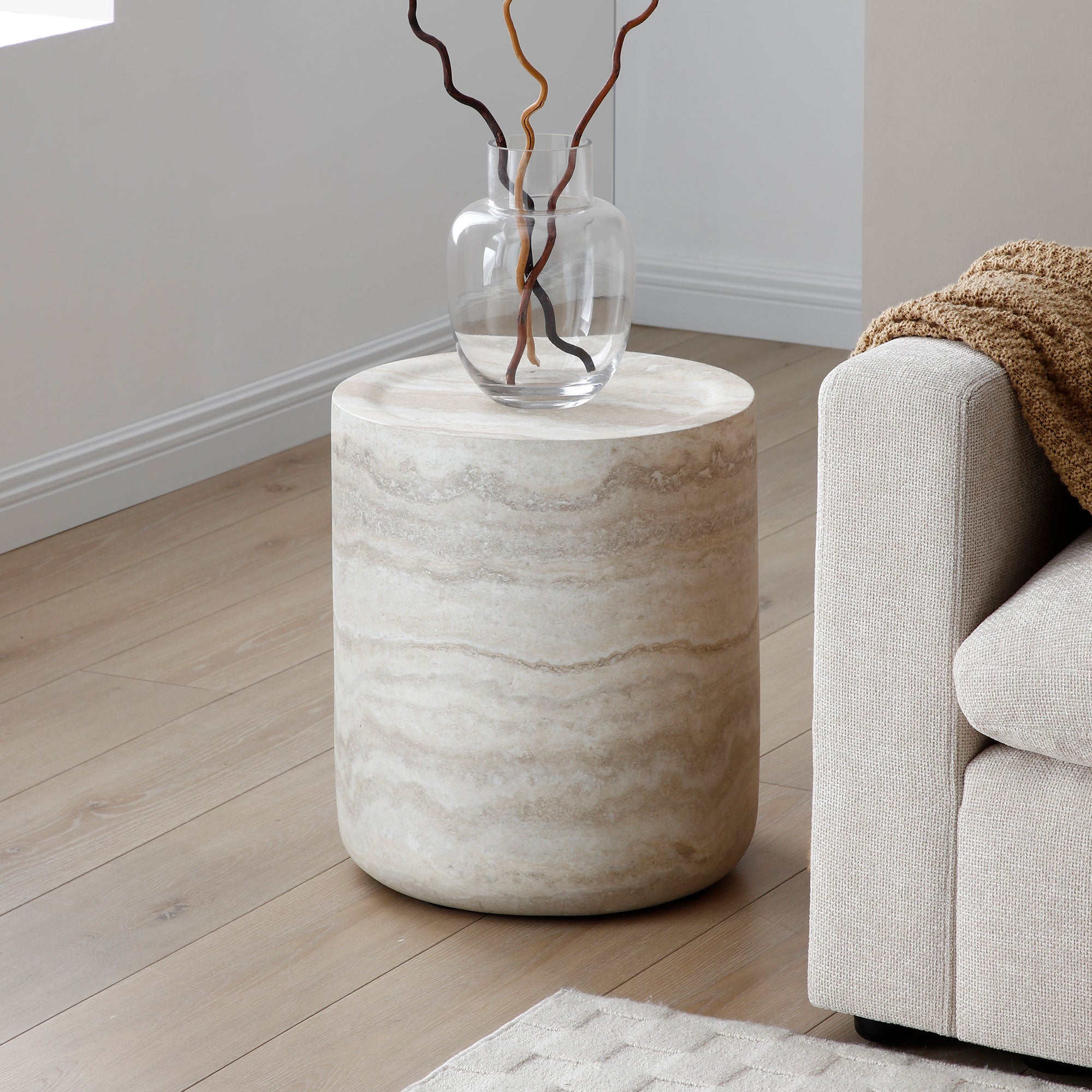 Side Table - Compact Textured Cylinder 40x40x45cm - Off-White Fiberglass