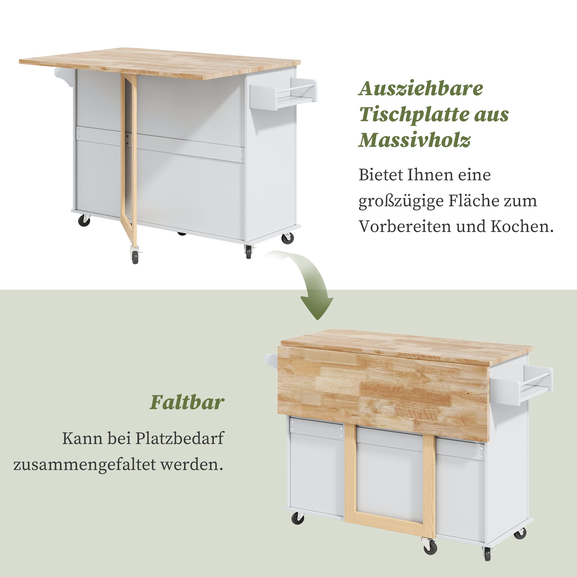 Mobile Kitchen Table with Foldable Design and 3 Drawers, Oak Worktop