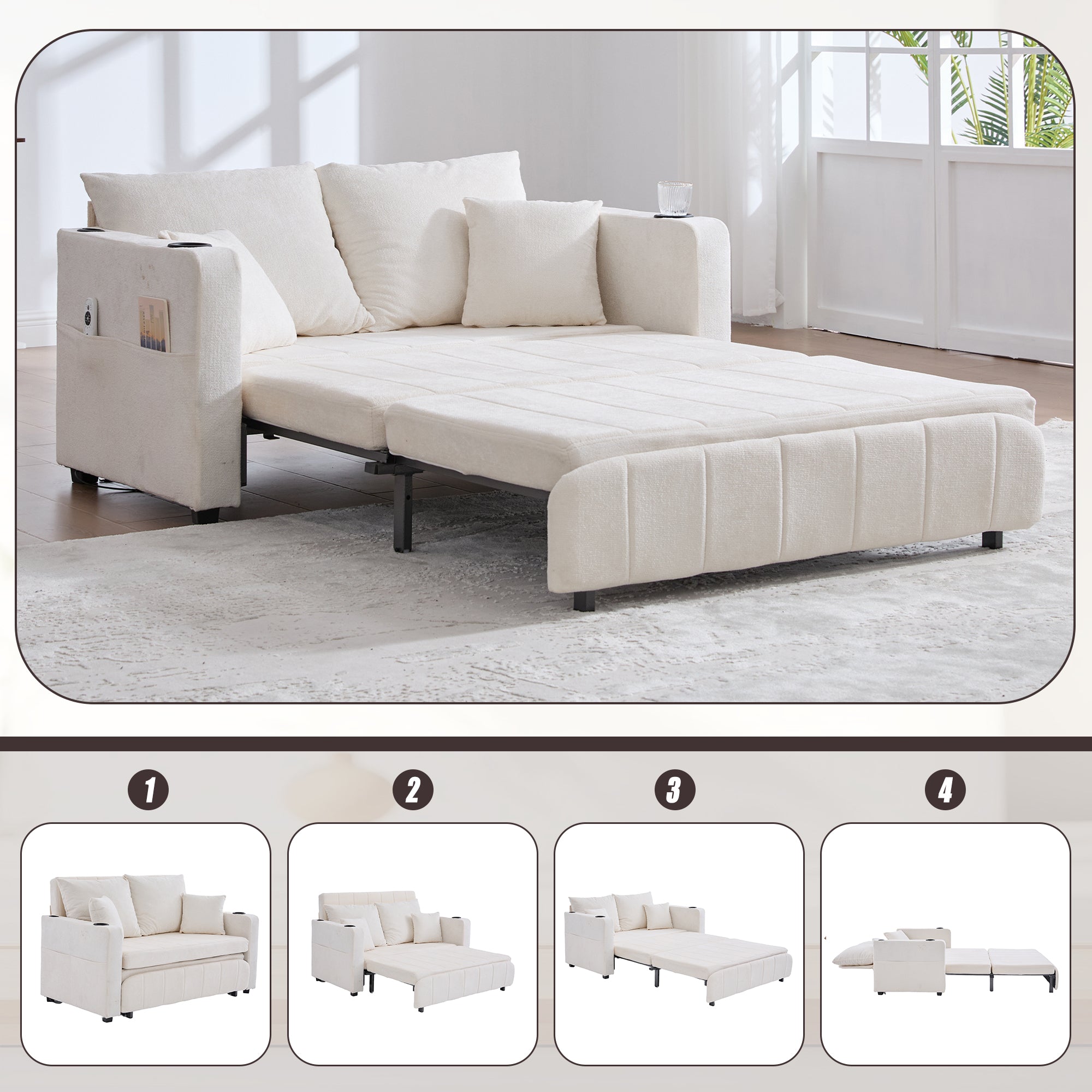 Sofa, Multifunctional Folding Pull-Out with USB & Cup Holder, Fabric