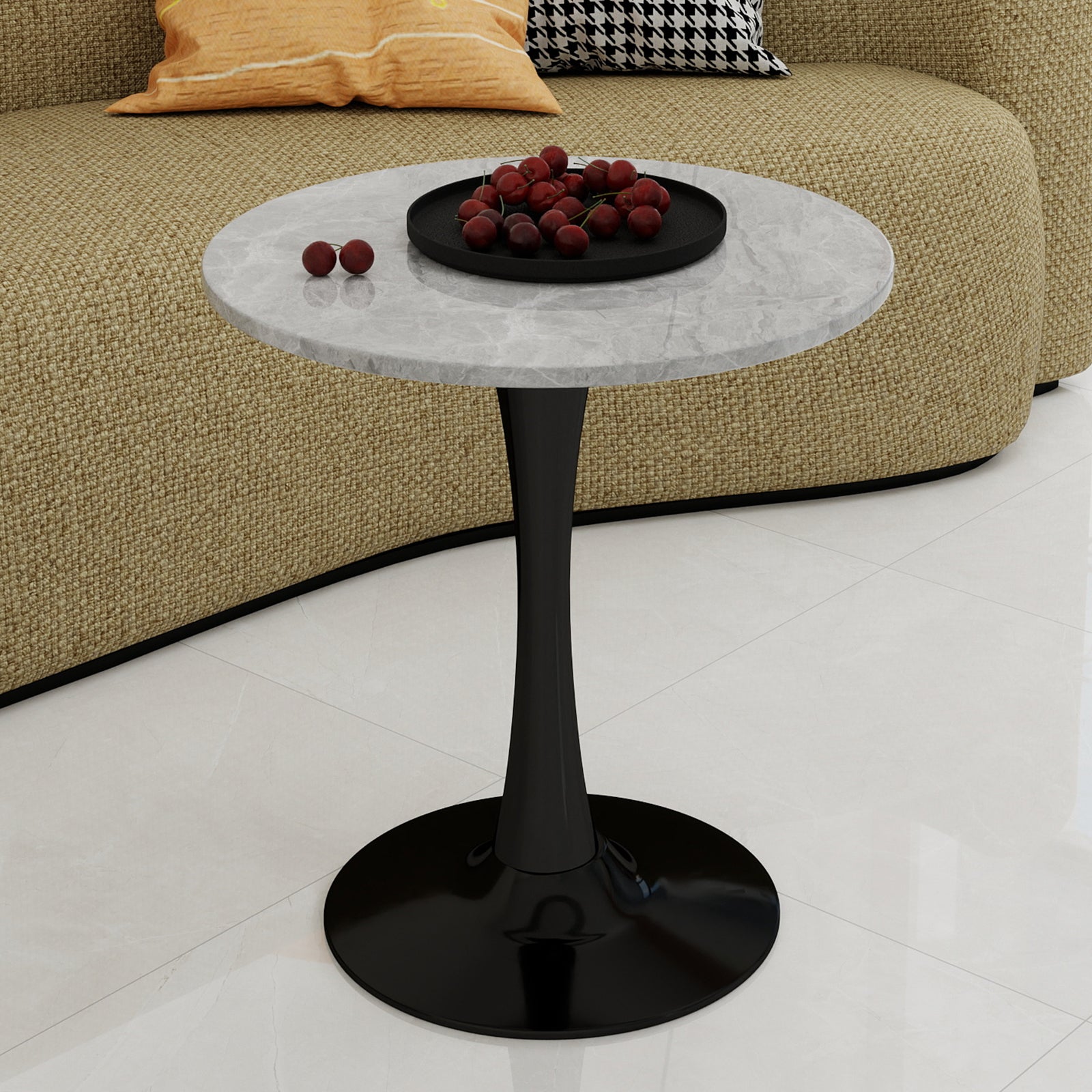 Coffee Table Mid-Century Modern Round Marble Top 27.6-inch - Black