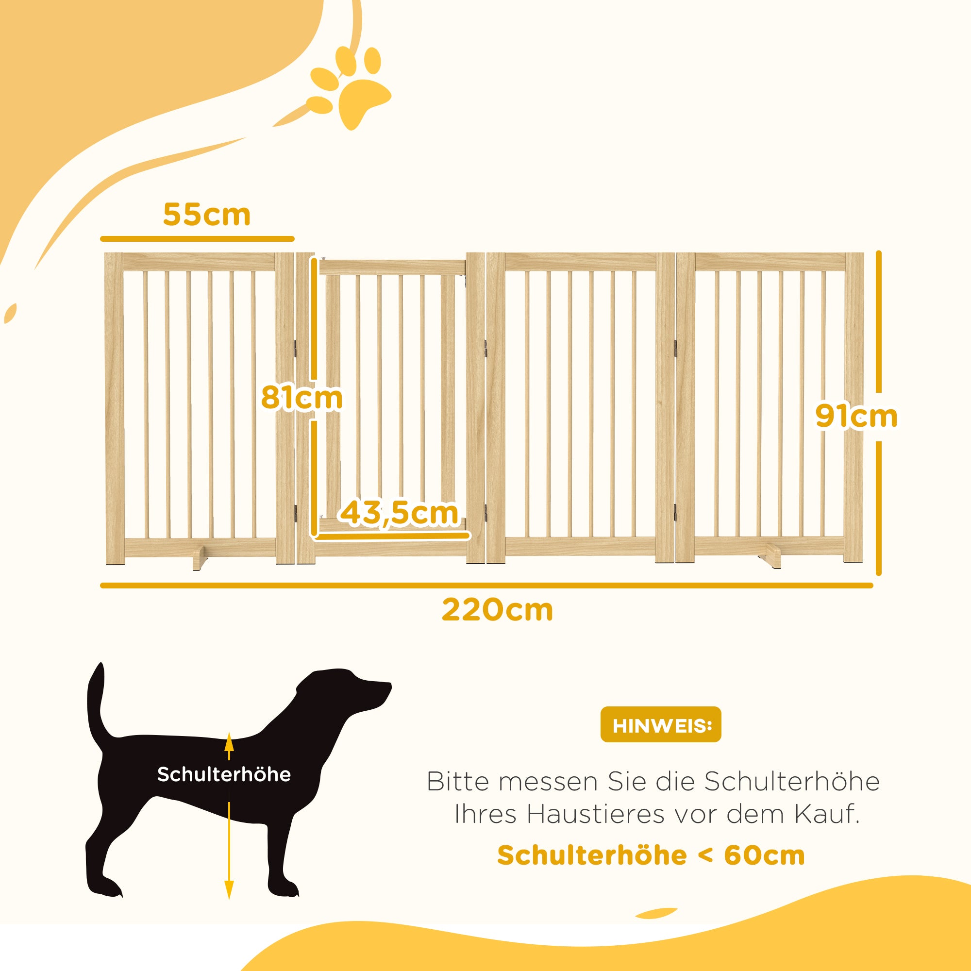 Dog Safety Gate, 4-Piece Foldable Freestanding Door, Wooden