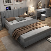 Upholstered Bed King Size 150x200cm with Stereo, USB Ports, Lighting, Electrical Plug & Soft Headboard, Grey Velvet+Iron
