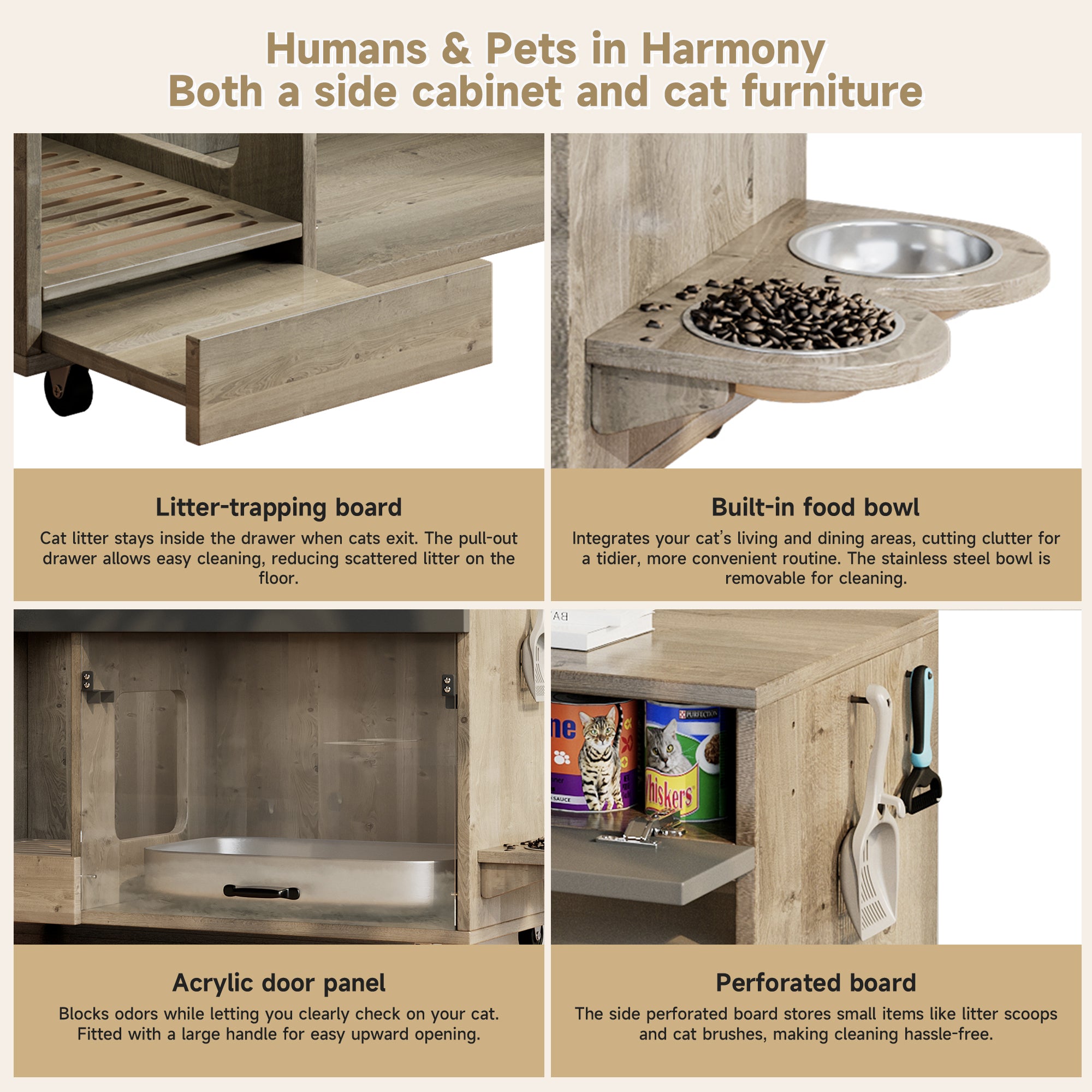 Movable Cat Litter Box Cabinet Food Bowls Sand Tray Pegboard 100x45.5x67cm - Oak