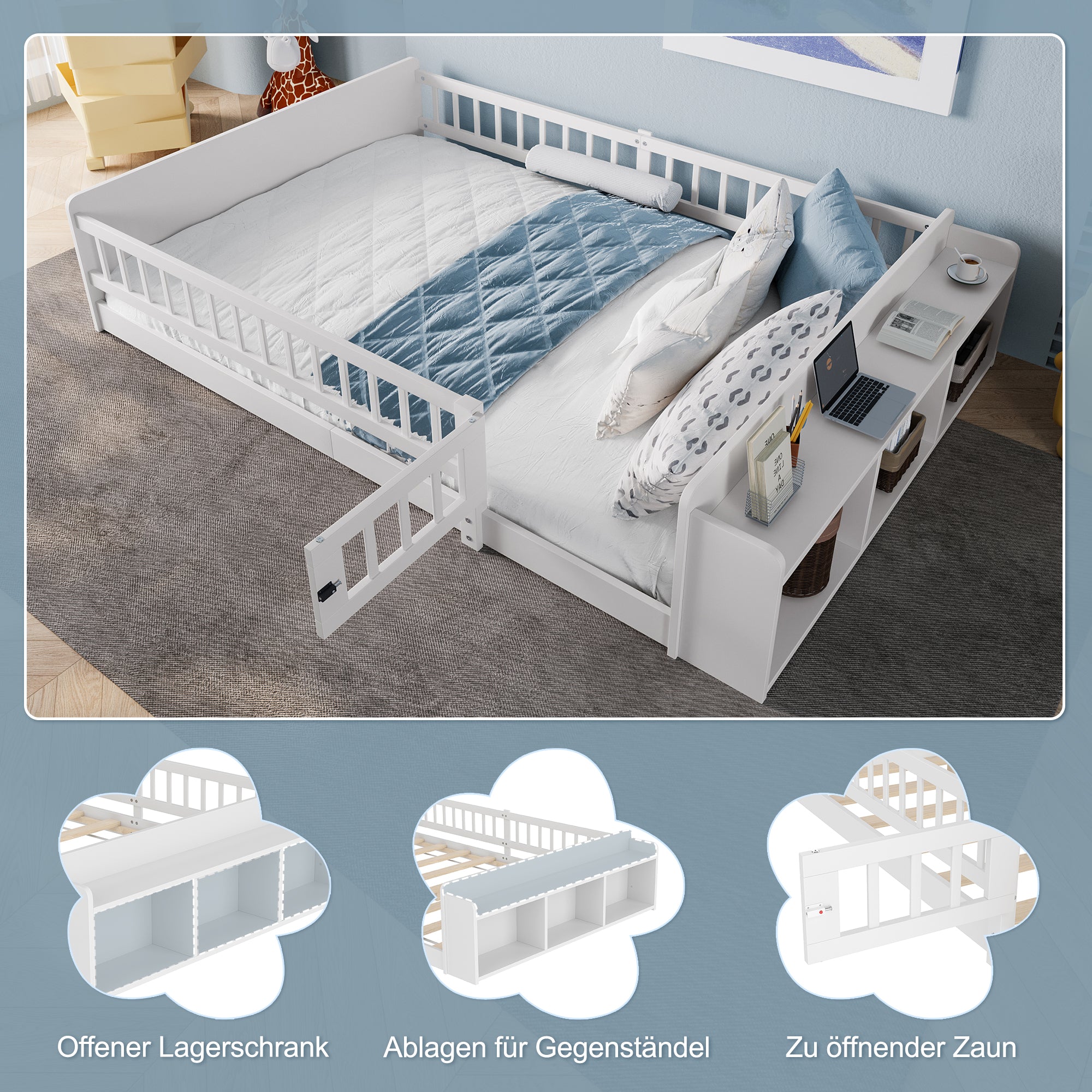 Wooden Children's Bed 140x200cm Open Storage Shelves Pine Wood - White