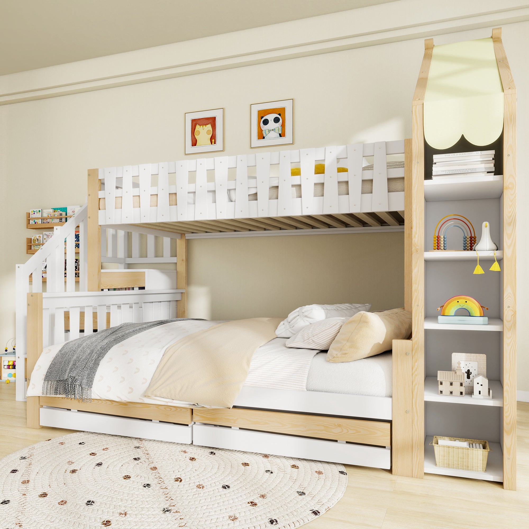Bunk Bed, 90x200cm + 140x200cm, Storage Ladder, 2 Drawers, White + Natural
