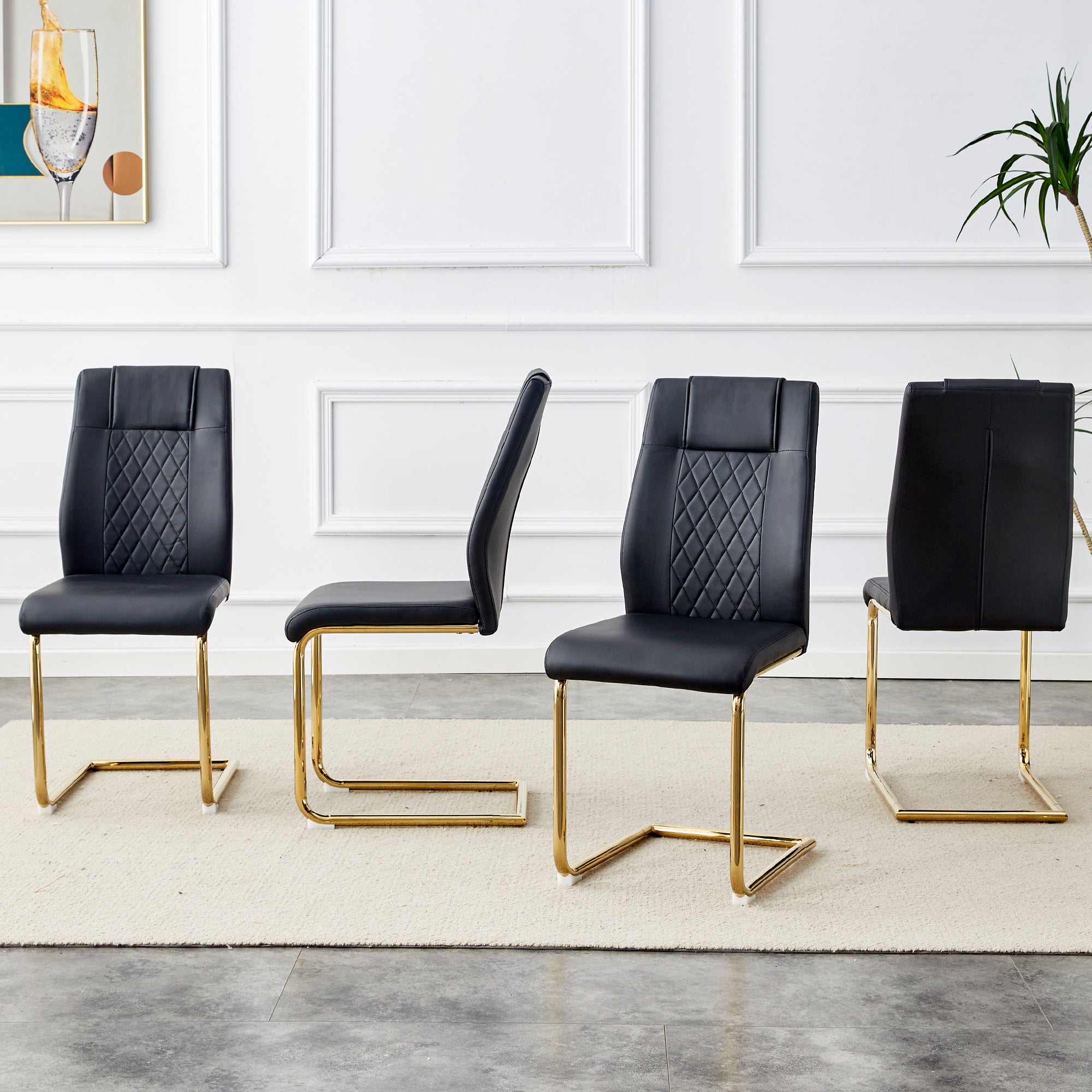 Scandinavian Dining Chairs, Mesh Backrest, Gold Metal Legs, Black PU Leather