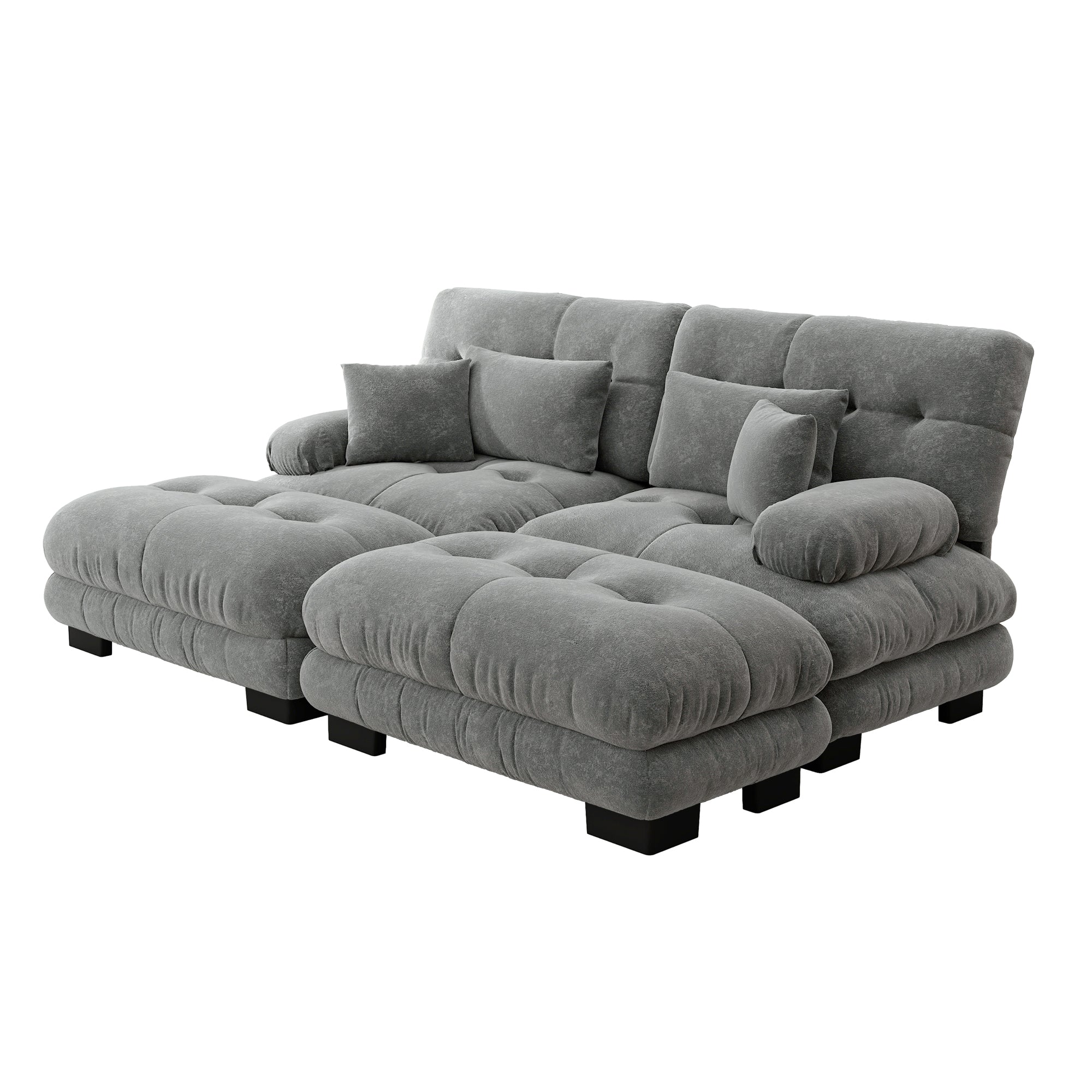 Cloud Corner Sofa, Double with Lumbar & Decorative Pillows, Wide Armrests & 2 Ottomans, Chenille Grey