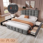 4ft6 Double Upholstered Bed with 4 Storage Drawers, Adjustable Tufted Headboard & Charging Station, Grey Velvet