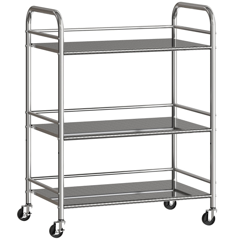Kitchen Storage Trolley 3 Tier Adjustable Shelf Stainless Steel - Silver