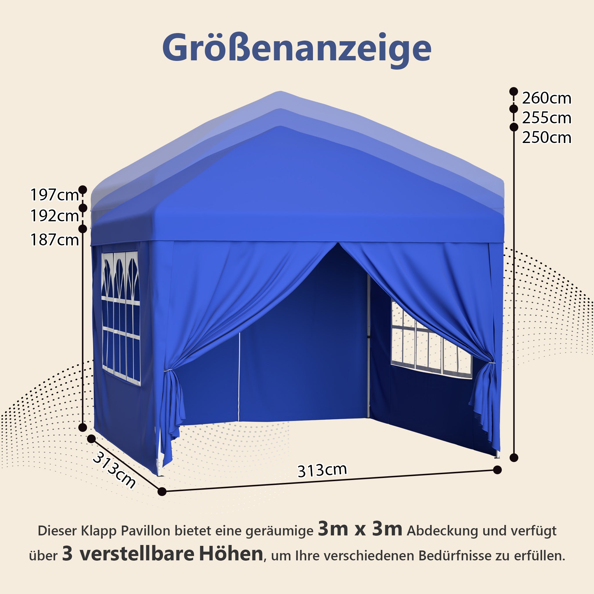 Gazebo 3x3m, 4 Side Walls, 3-Way Height Adjustable, Folding, Blue