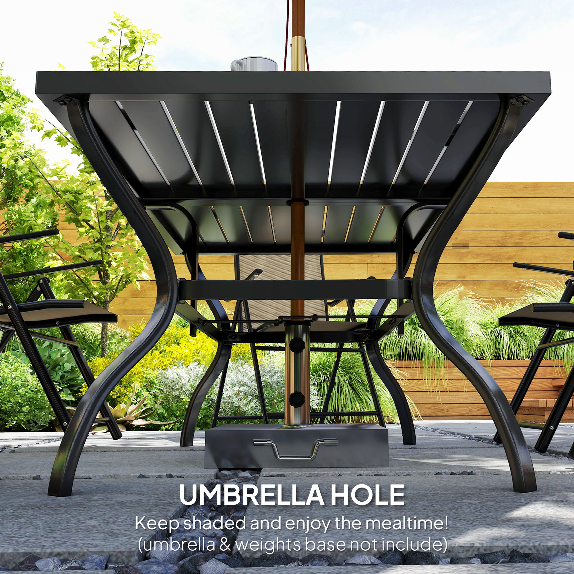 Seven-Piece Dining Set with Parasol Hole, Steel Khaki