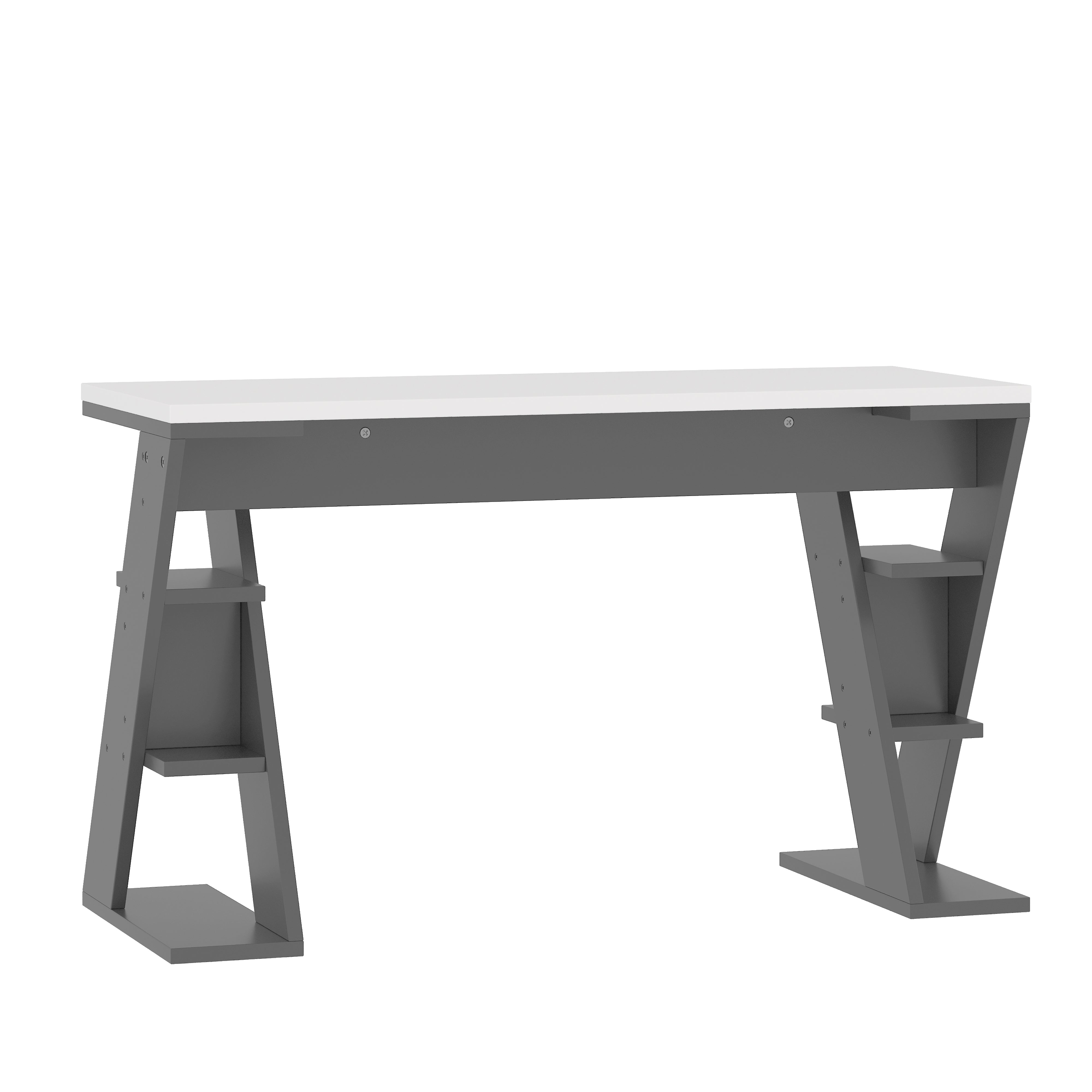 Simple Desk with X-Shaped Bracket and Storage Shelf, Grey and White