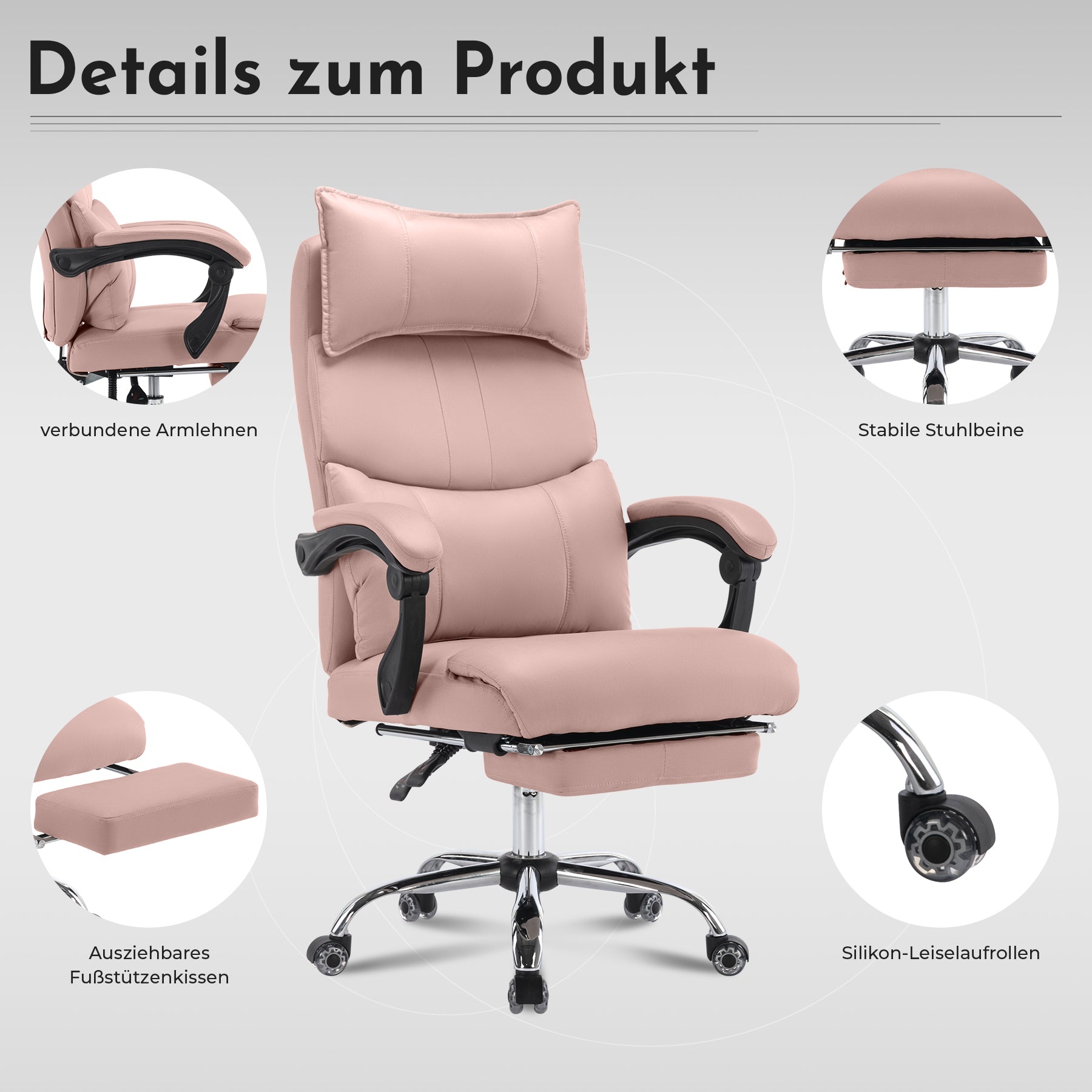 Office Chair, Ergonomic Height-Adjustable Swivel with Dual Lumbar Support, Pink PU Leather