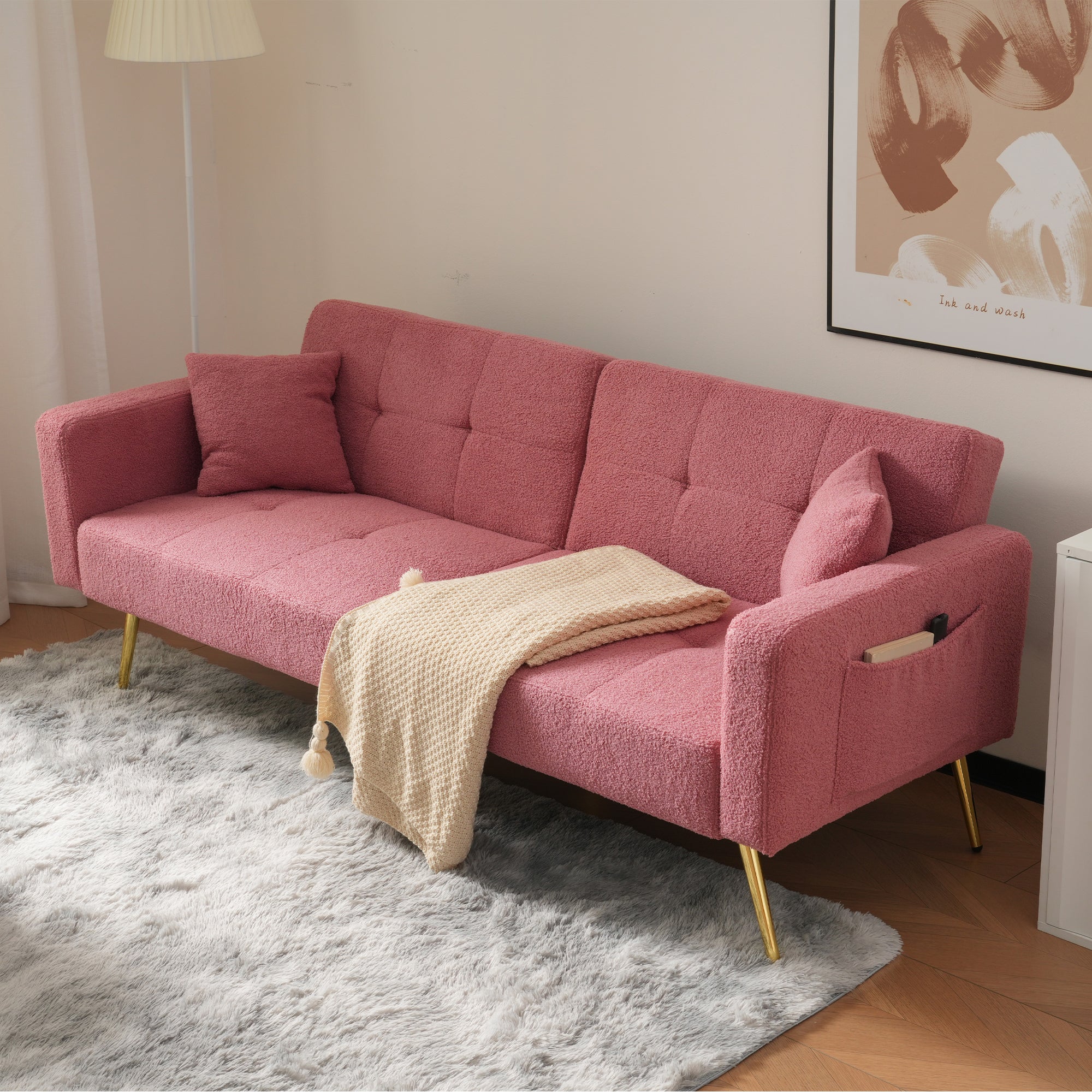 Sofa Bed, 3 Adjustable Backrest Angles, Gold Legs, Cushions & Side Storage Pockets