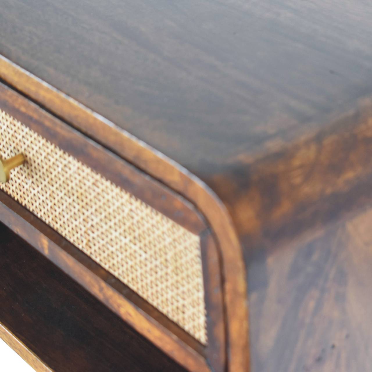 Solid Wood Chestnut Bedside, Wall Mounted Woven 1 Drawer 1 Shelf, Dark Brown