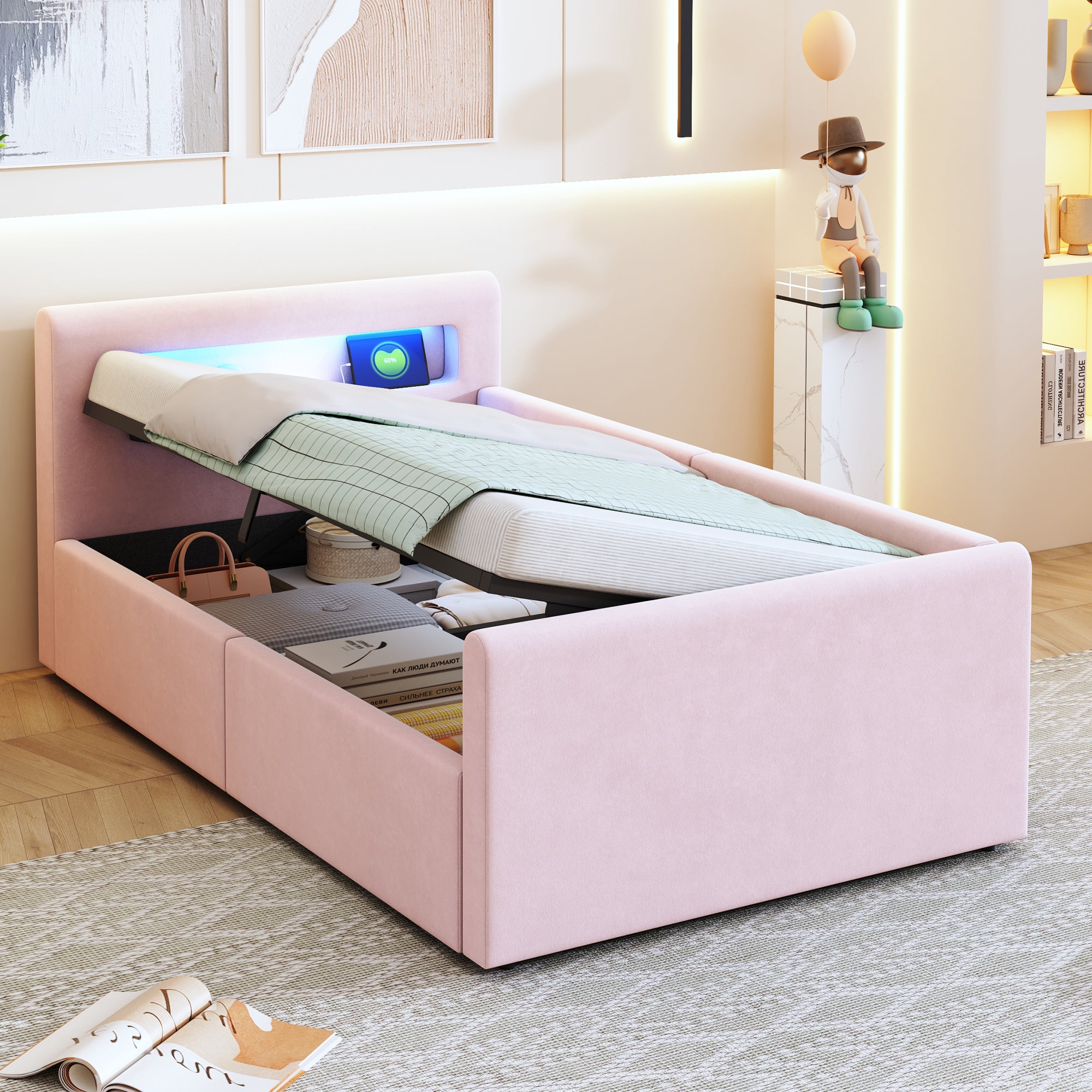 Upholstered Children's Bed 90x200cm LED USB Storage Velvet Pink