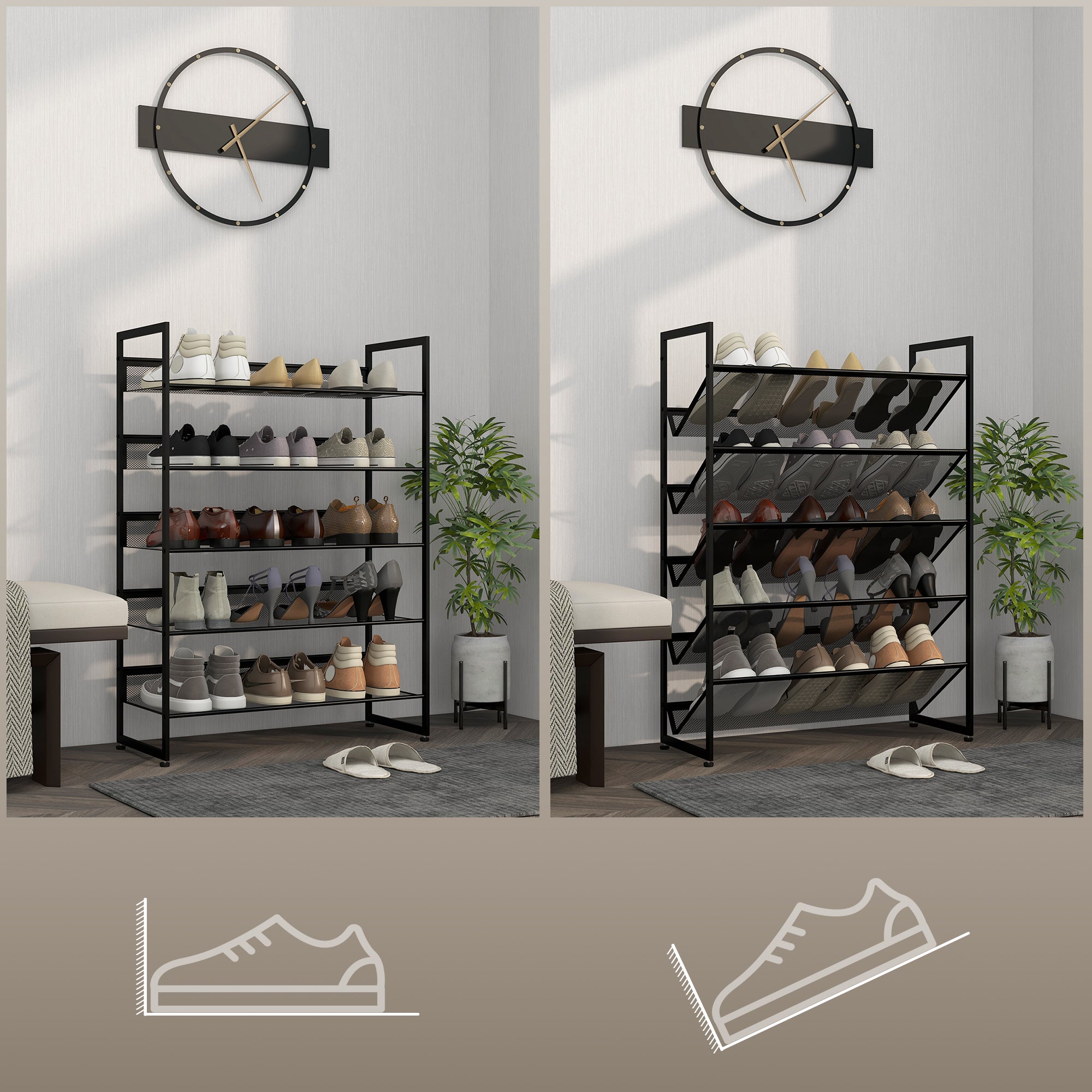 Small Shoe Rack, Tall Narrow 5-Shelf, Black