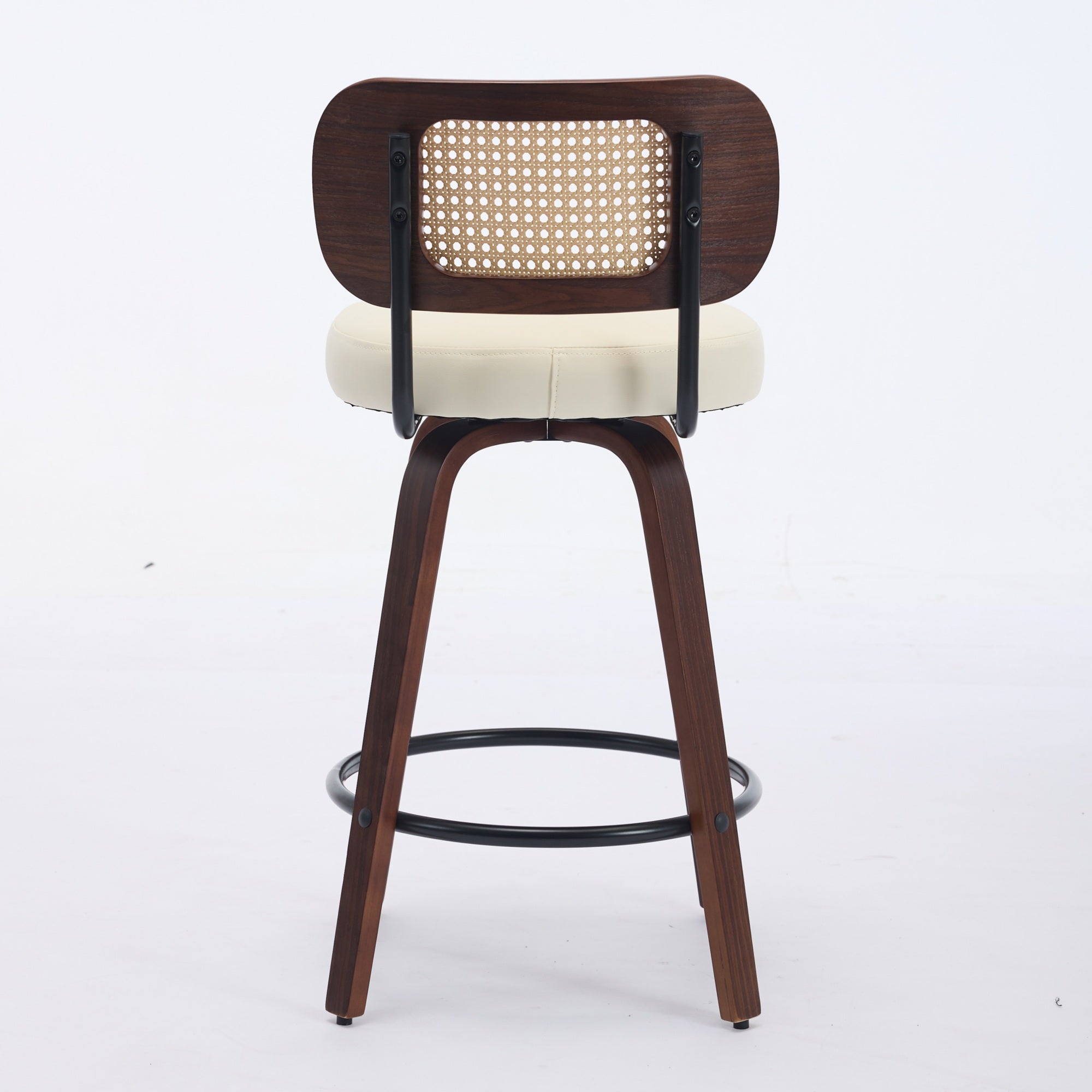 Set of 3 Swivel Bar Stools with Rattan Cane Back and Upholstered Seat, Walnut and Beige