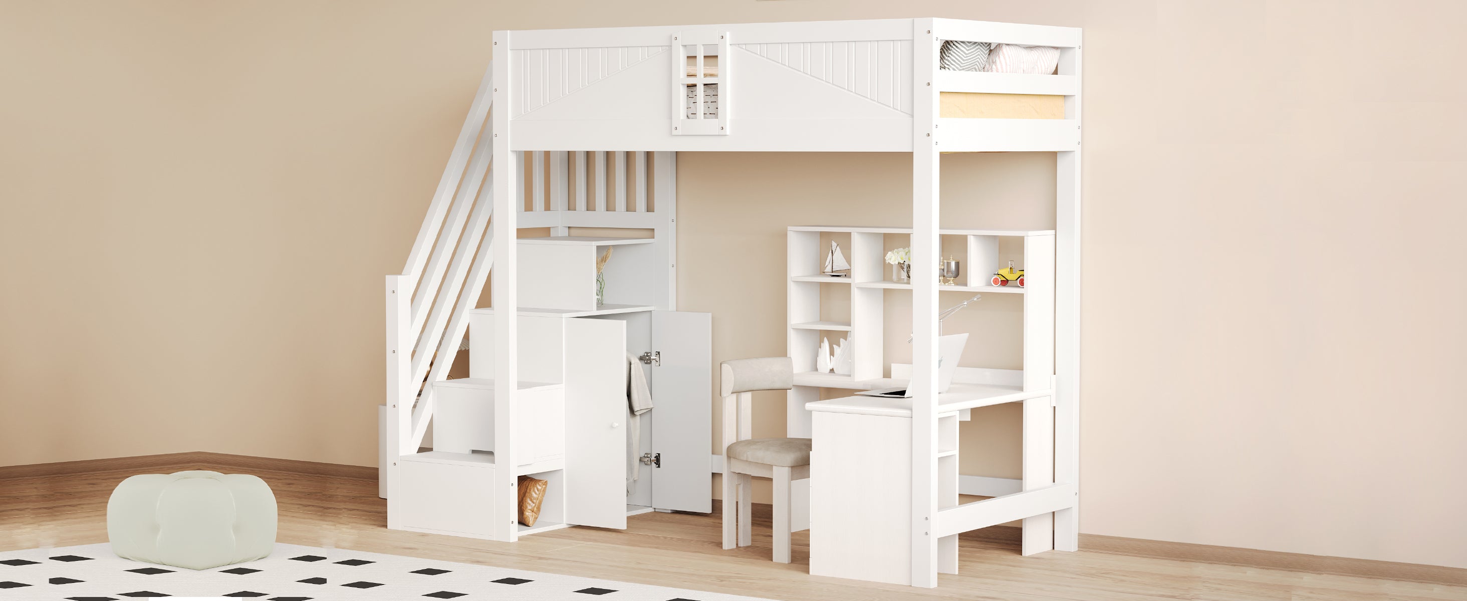 Loft Bed, Multifunctional with Safety Door & Storage, Solid Wood White