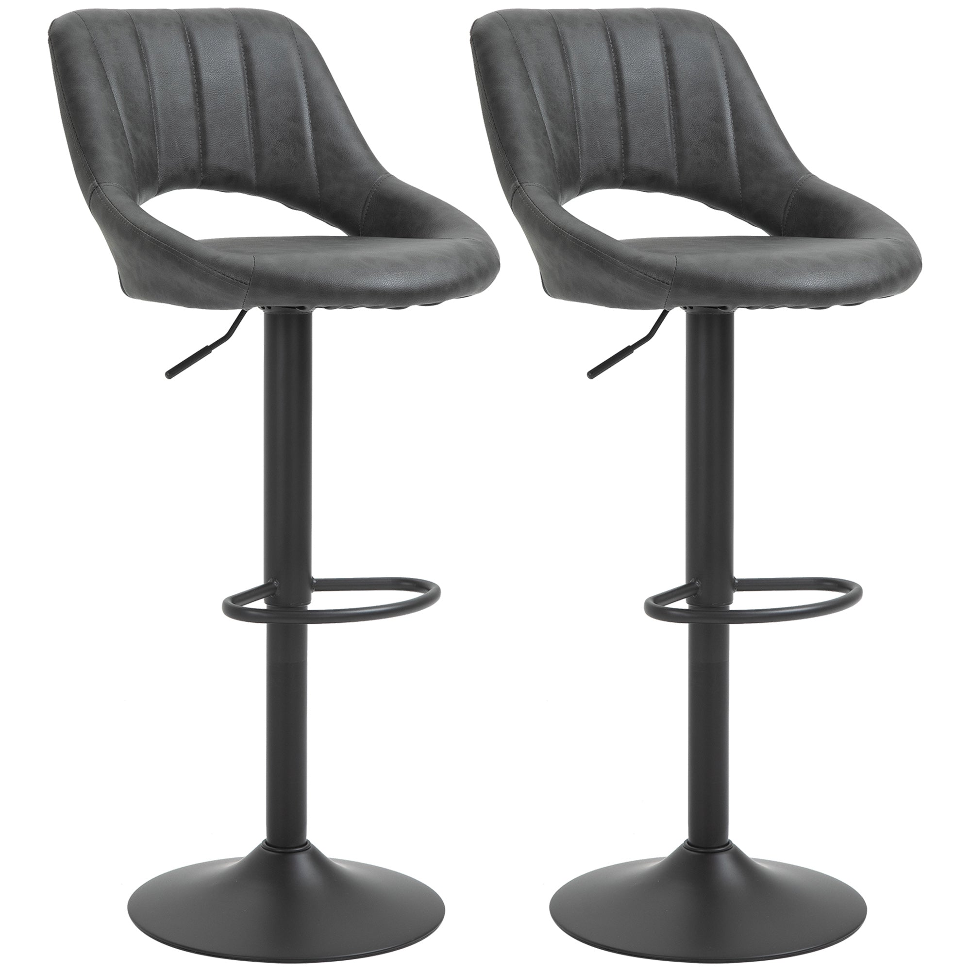 Bar Stool Set of 2, Swivel Height-Adjustable with Footrest, Leather-Look Gray