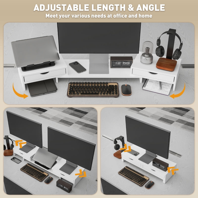 Dual Monitor Stand Riser with 2 Drawers, Adjustable Length and Angle, White