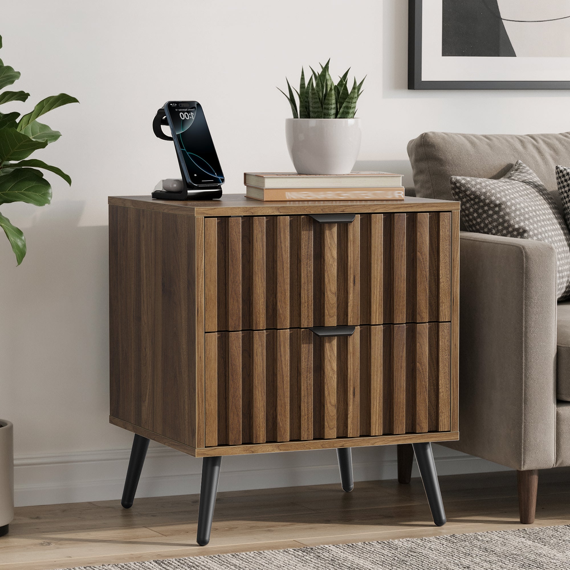 Modern Bedside Table Recessed Design 2 Drawers 45x40x53 cm - Walnut